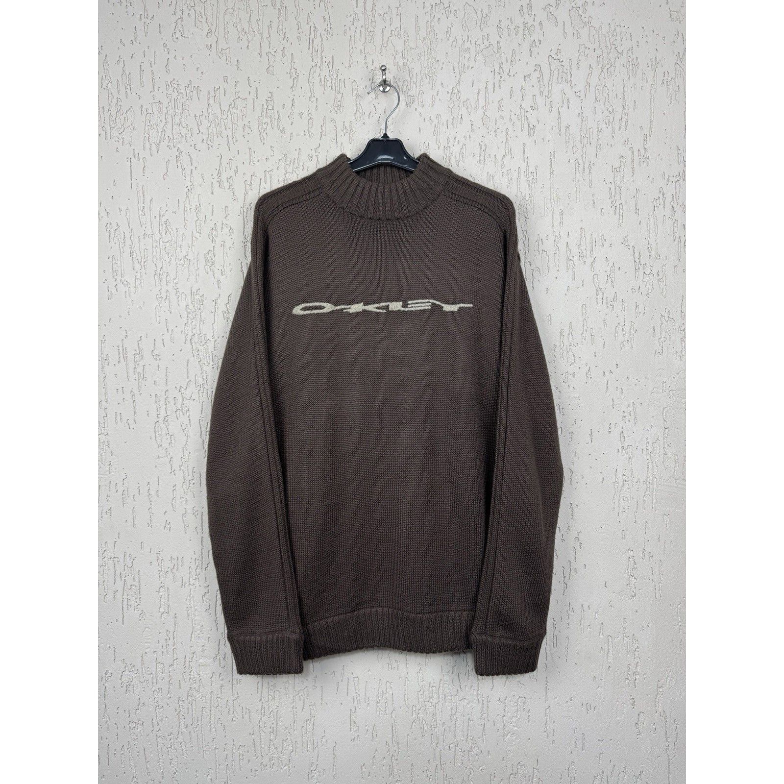 Oakley Vintage 90s Oakley Knit Sweater Wool Blend Brown Spellout Mo Size US L / EU 52-54 / 3 - 1 Thumbnail