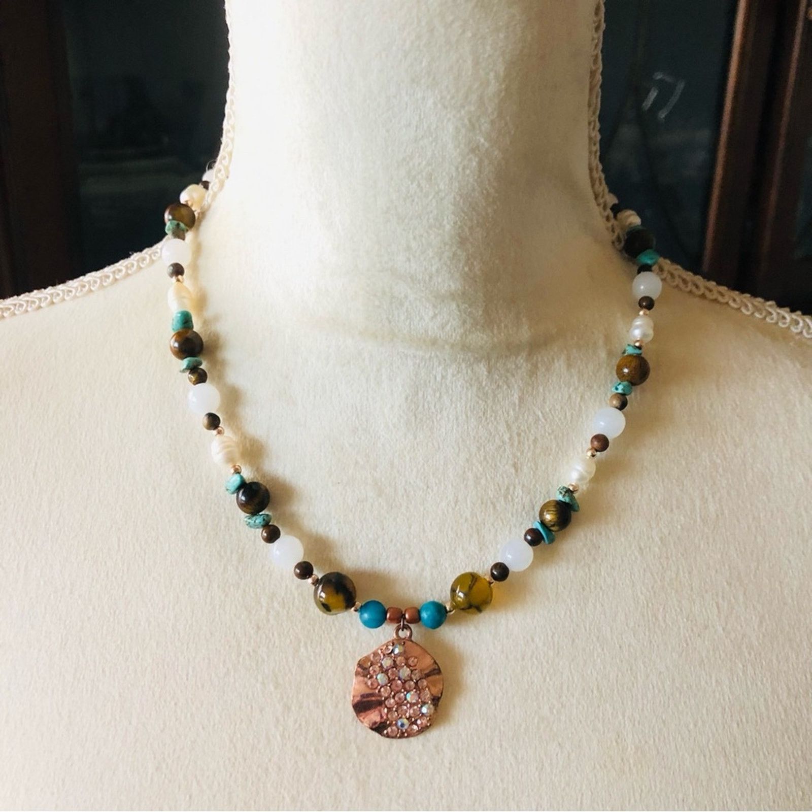 Handmade Handcrafted howlite jasper tiger eye pearl necklace Size ONE SIZE - 2 Thumbnail