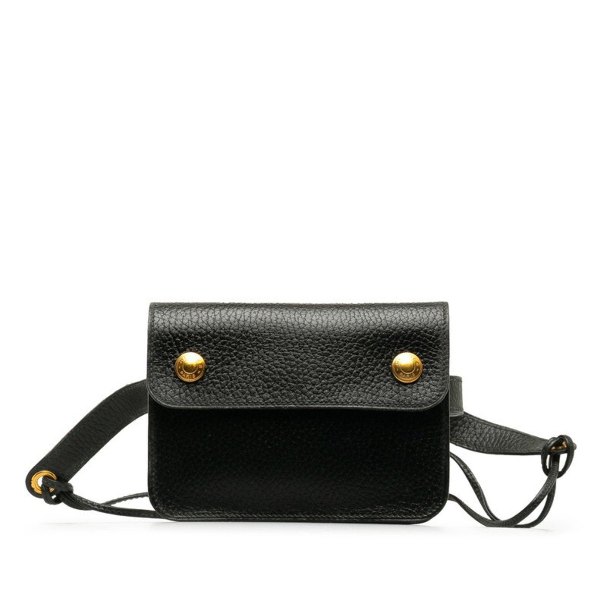 image of Hermes Pochette Green Waist Bag Black Gold Leather Women's