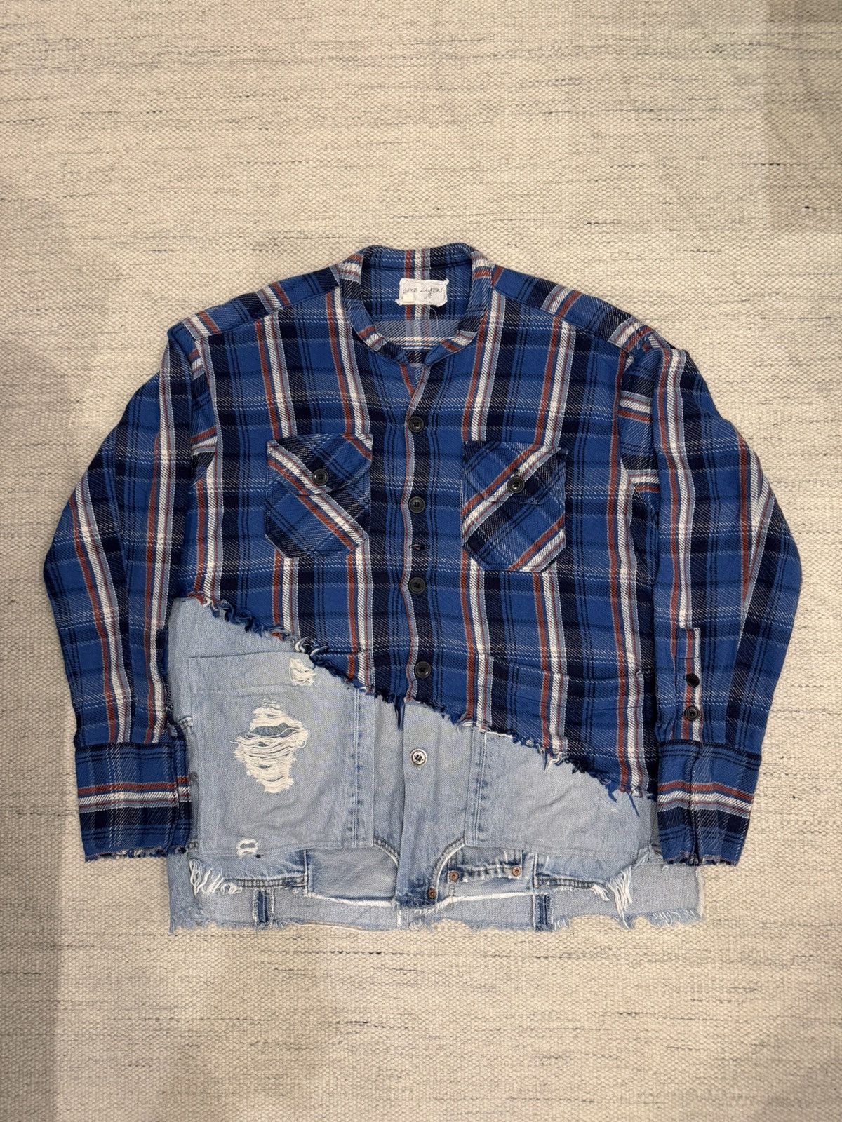 トップス Greg Lauren FLANNEL STUDIO SHIRT size3 Greg Lauren Greg Lauren SAMPLE Dixie Chicks Blue Plaid Studio
