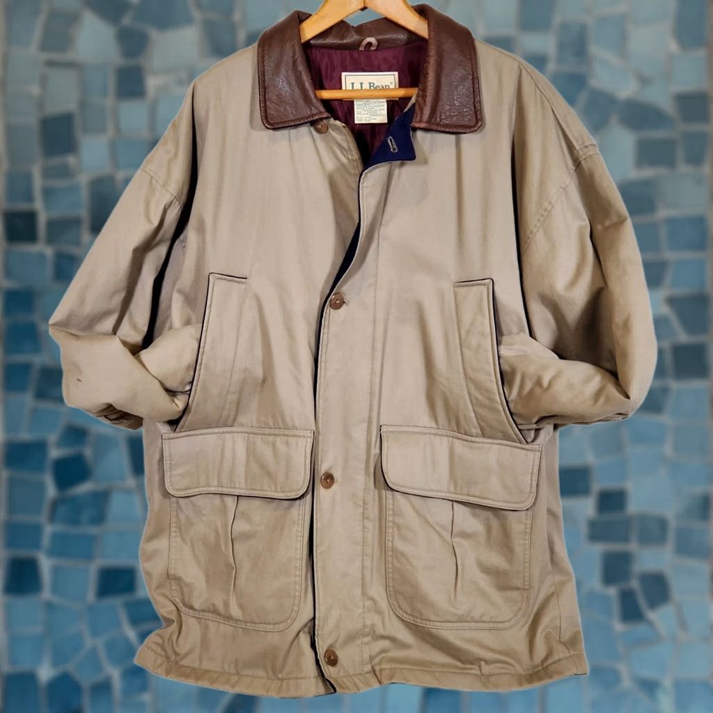 Vintage VINTAGE L.L.Bean Barn Coat Jacket Beige Leather Collar Men's L Canvas Chore Coat Size US L / EU 52-54 / 3 - 1 Thumbnail