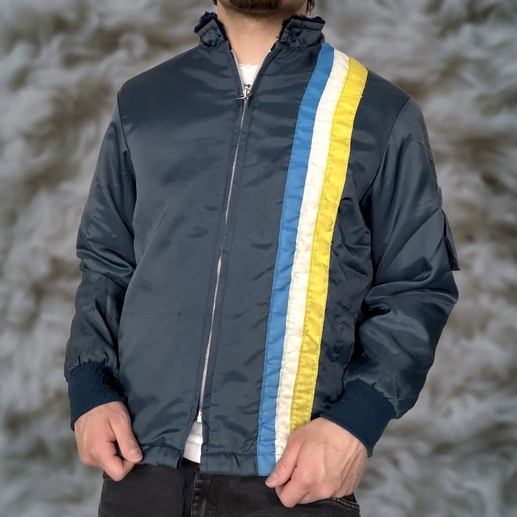 Vintage VINTAGE Racing Jacket Blue Bomber Mens 40 Faux Fur Lined Stripe Nylon Retro Jacket Size US XXS / EU 40 - 1 Thumbnail