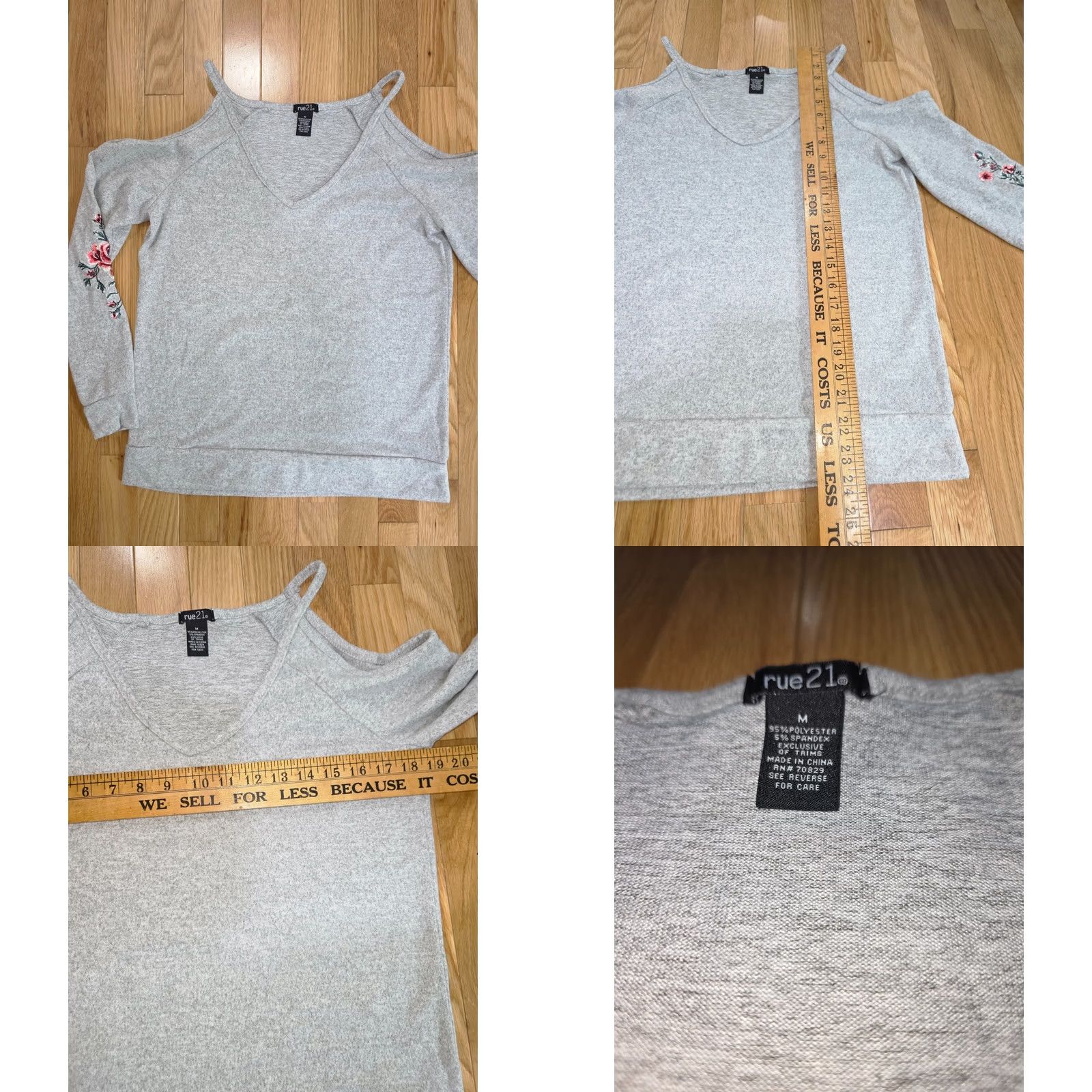Vintage Rue21 Pullover Sweater Top Women's M Gray Flower Embroidered V-Neck Cold Shoulder Knit Polyester Sweater Ladies M Gray Floral 90s Size M / US 6-8 / IT 42-44 - 8 Thumbnail