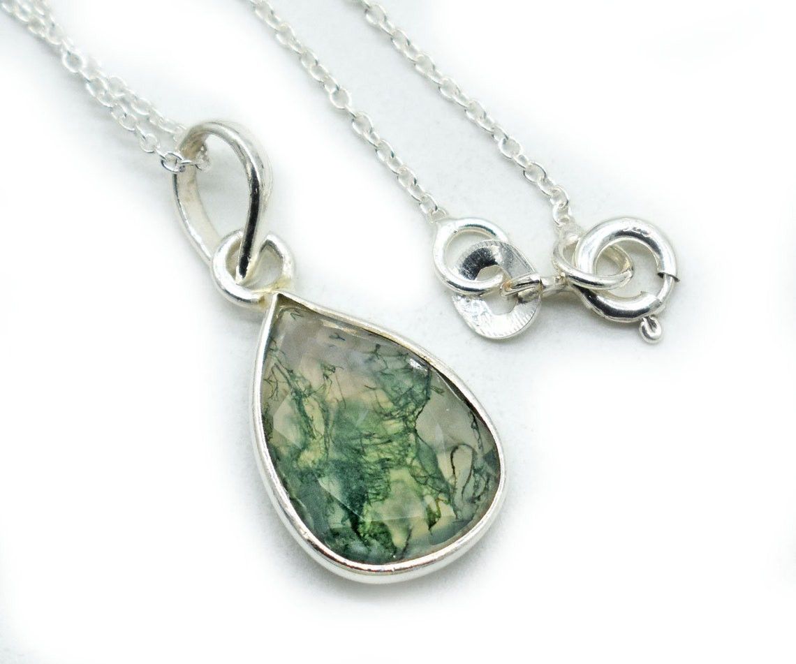 Handmade 925 Silver Moss Agate Necklace Checker Cut stone Pendant Size ONE SIZE - 7 Thumbnail