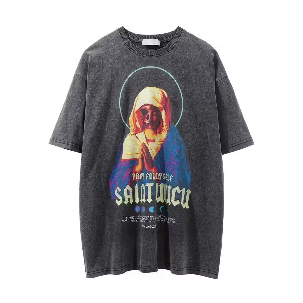 image of Vintage Skull Demon Figure Printed Short Sleeve T-Shirt in Black, Men's (Size Large)