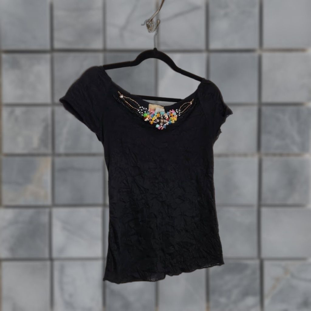 Vintage VINTAGE Beaded Stones Gems Off Shoulder Black Summer Going Out Shirt Size L / US 10 / IT 46 - 1 Thumbnail