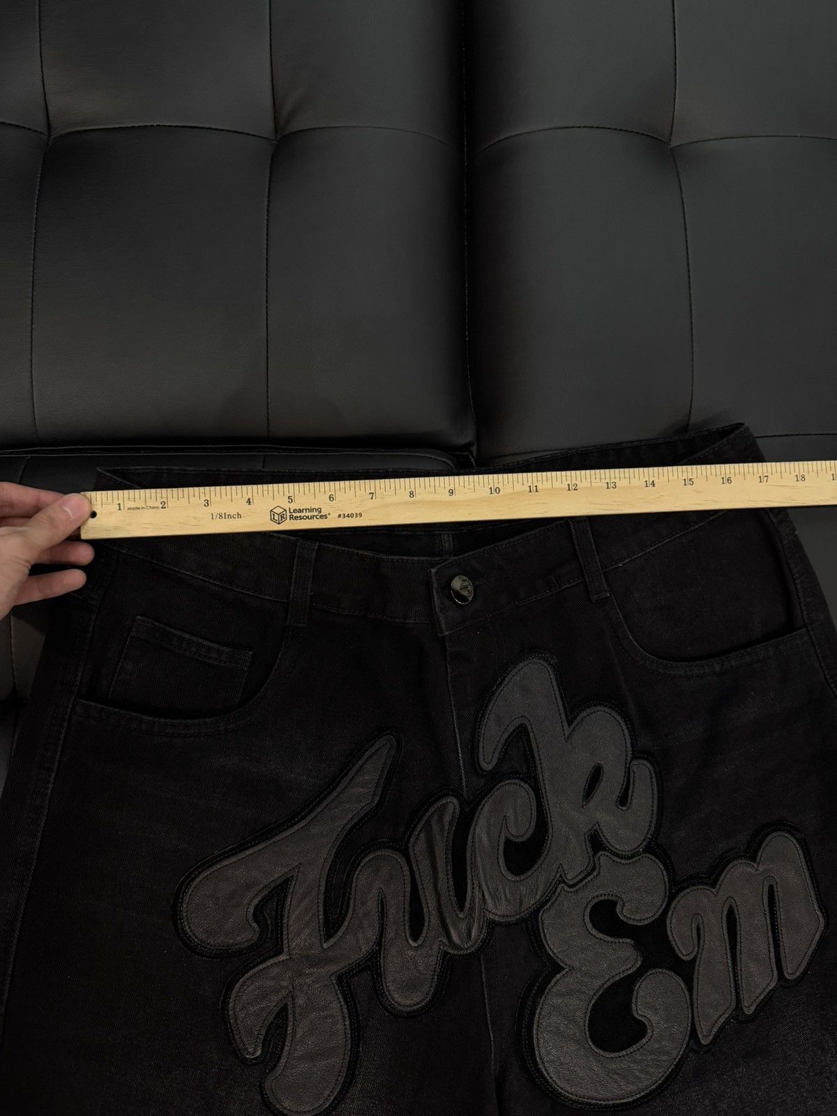 Other Fuck EM Shorts Black Denim Leather Patch Size (34) Size US 34 / EU 50 - 9 Thumbnail