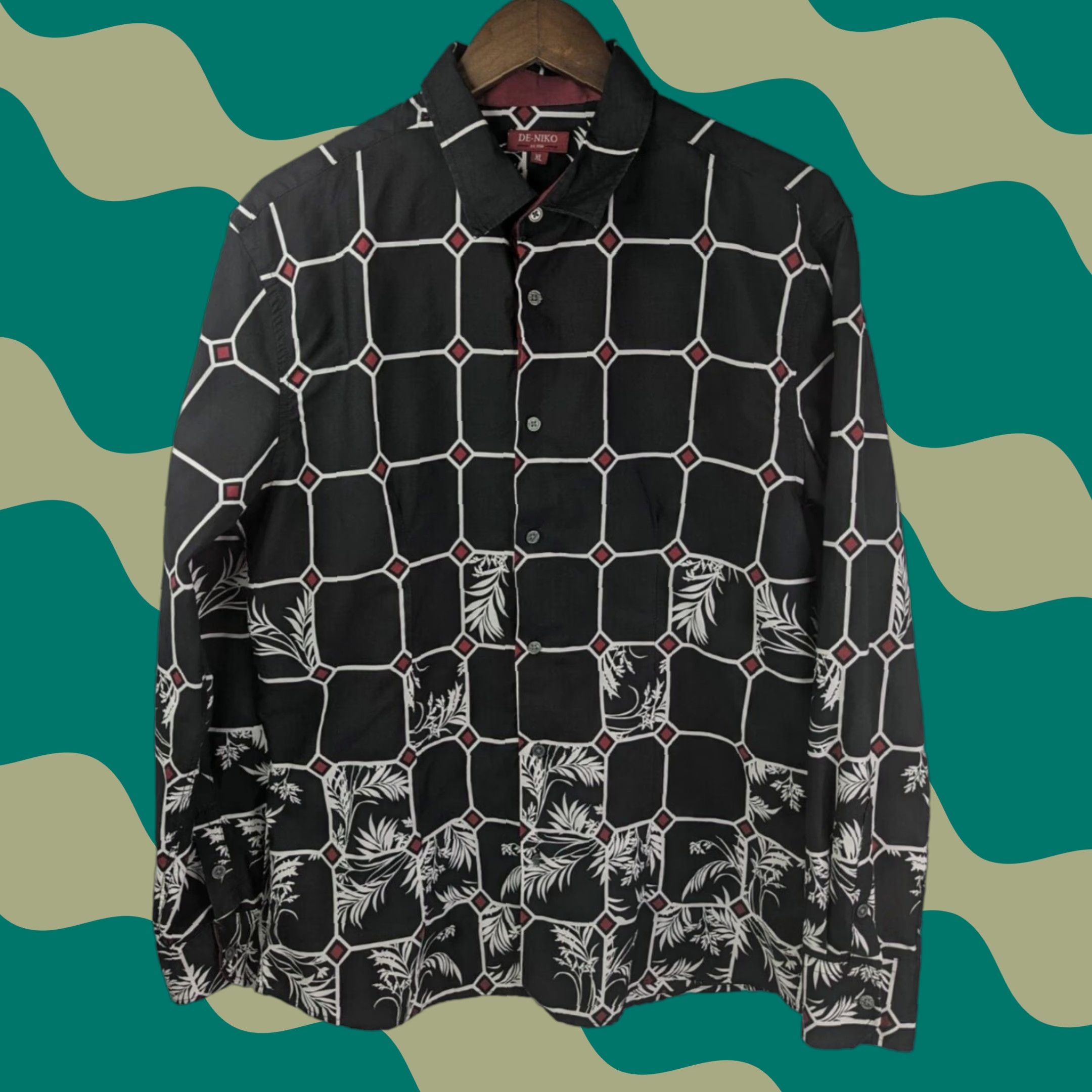 Vintage De-Niko Shirt Men's XL Black Floral Palms Abstract Long Sleeve Button Up Size US XL / EU 56 / 4 - 1 Thumbnail