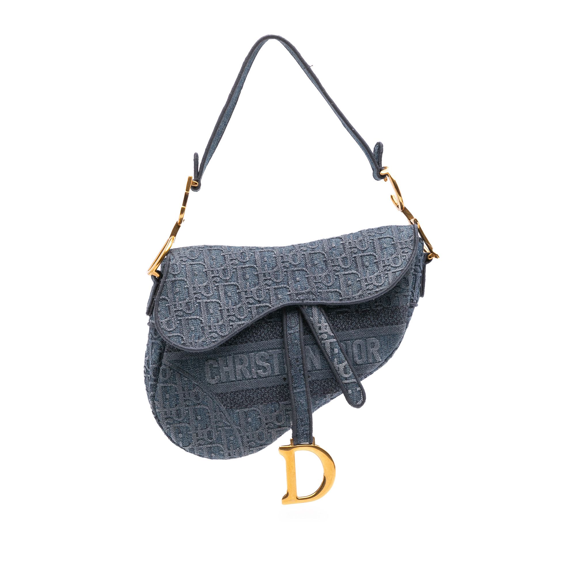 Dior Oblique Embroidered Denim Saddle Bag in Blue, Women's