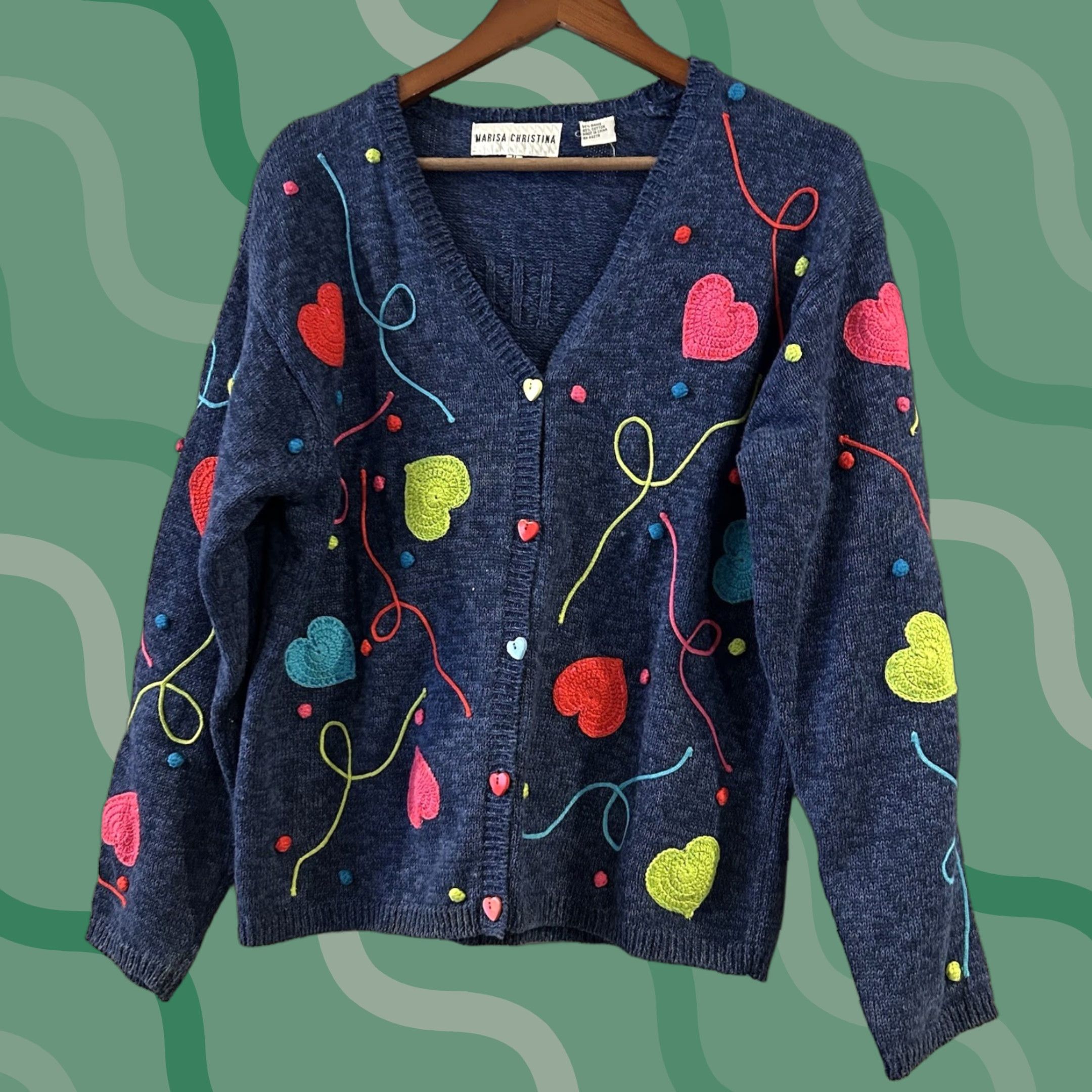 VINTAGE Marisa Christina Womens M Blue Valentine Heart Knit Cardigan Sweater 90s