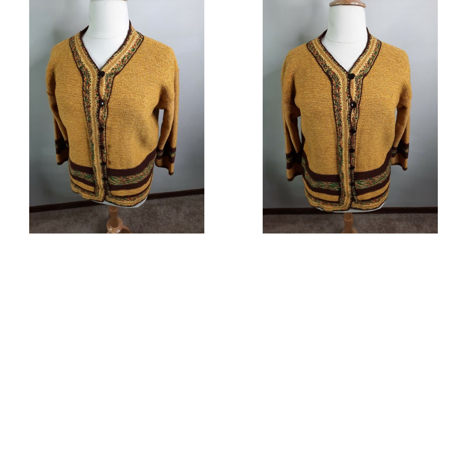 Vintage VINTAGE 70s Cardigan Sweater Women XL Yellow Brown Boho V Neck Round Neck 70s Pattern Knit Acrylic Belted Shoestring Not Included Size XL / US 12-14 / IT 48-50 - 8 Thumbnail