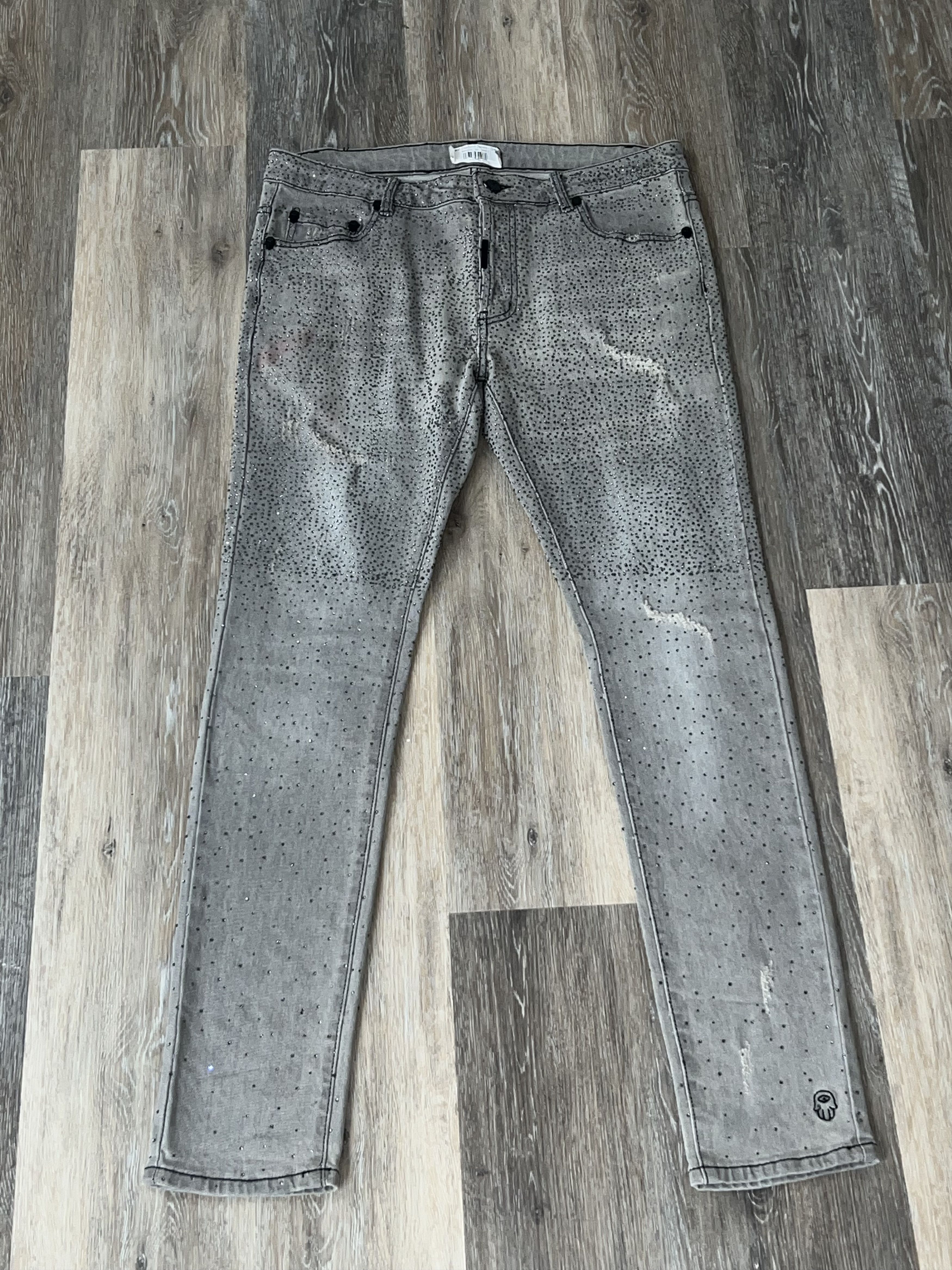 image of Designer Kash Slim Fit Grey Denim With Crystals, Men's (Size 34)