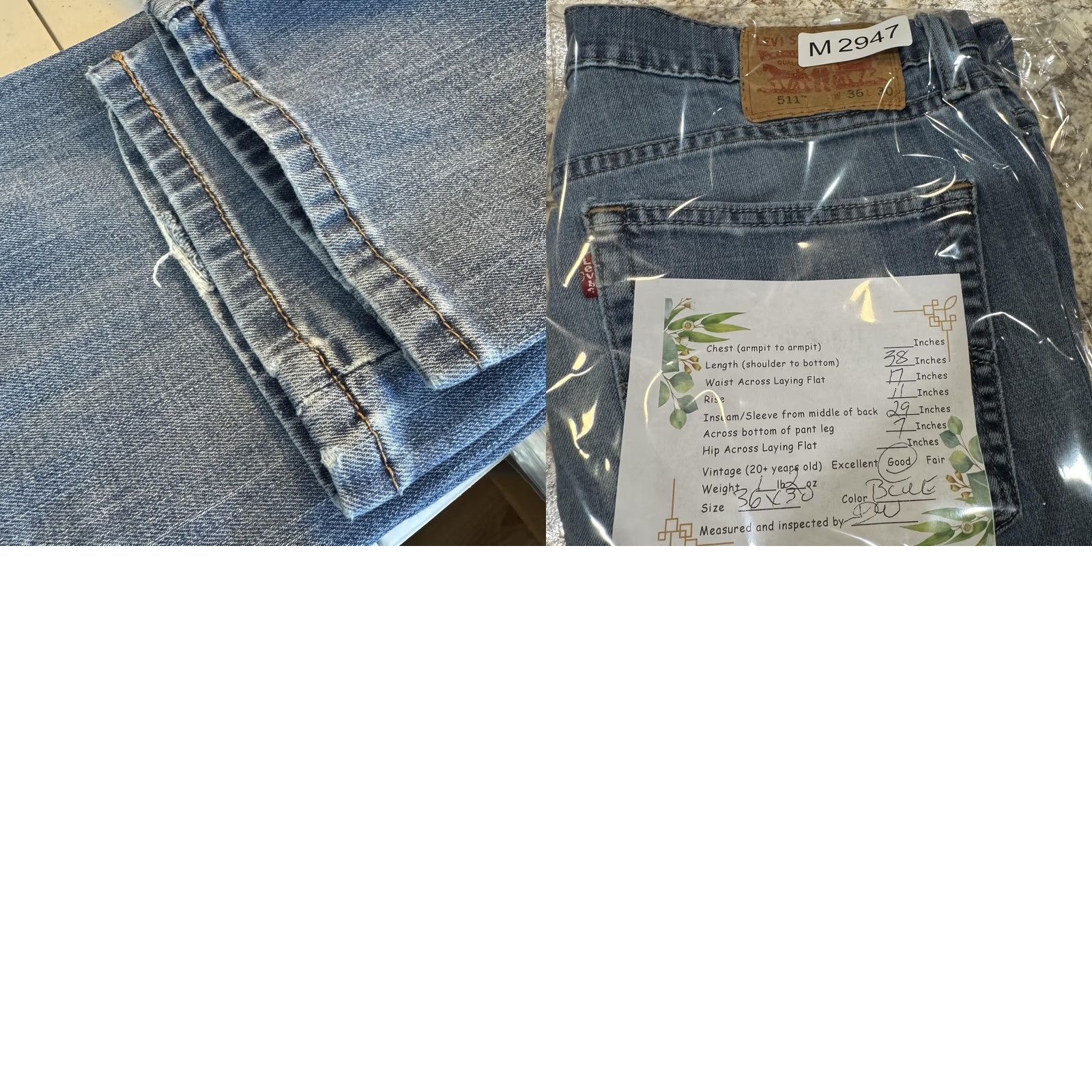 Levi's VINTAGE Levis 511 Jeans Mens 36x30 Slim Fit Stretch Light Wash Denim Tapered Zip Fly Size US 36 / EU 52 - 8 Thumbnail