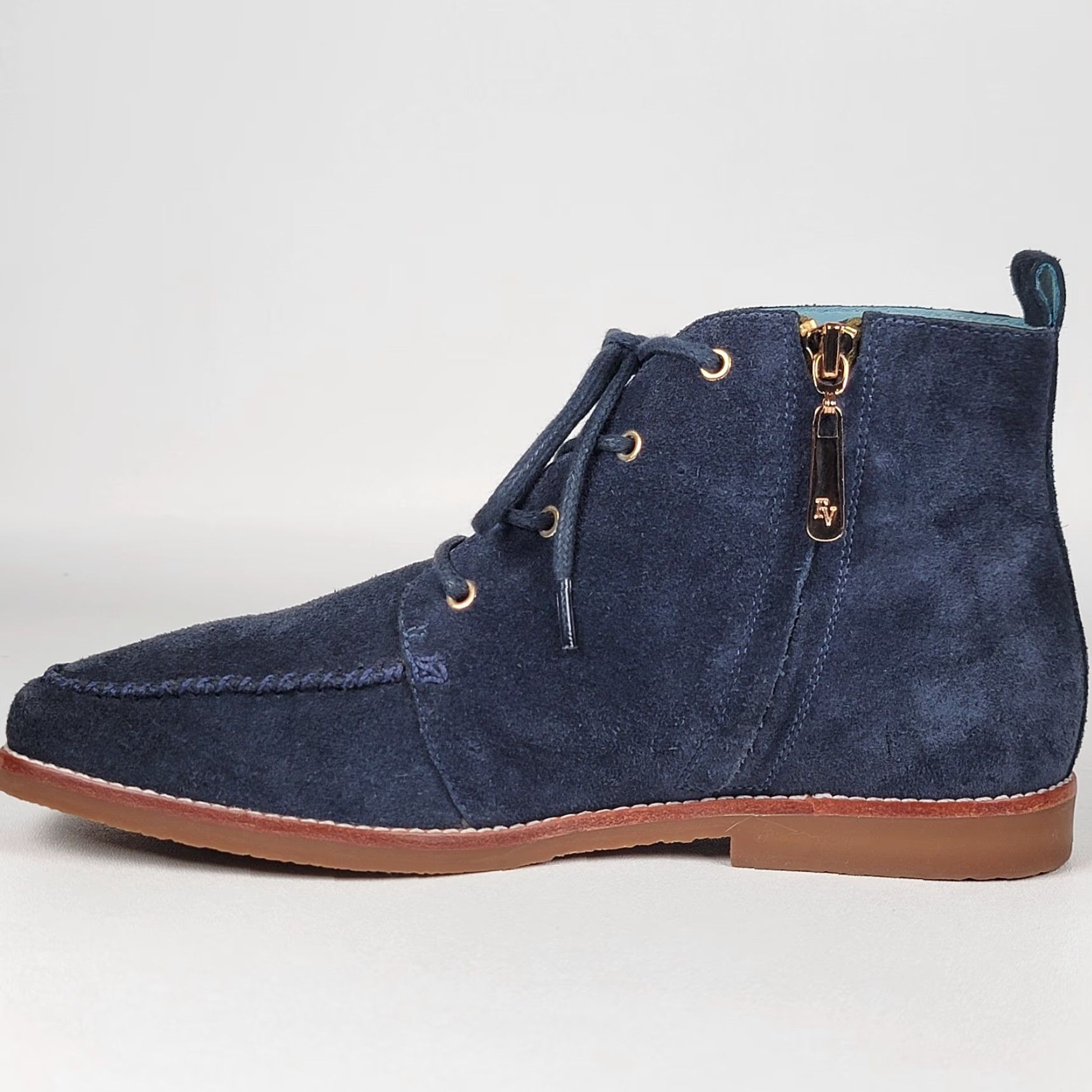 Valentino Frances Valentine Boots Women’s Davis Blue Suede Chukka Ankle Zip Square Toe 9B Womens Fall Winter Leather Lining Rubber Sole Boots Size US 9 / IT 39 - 5 Thumbnail
