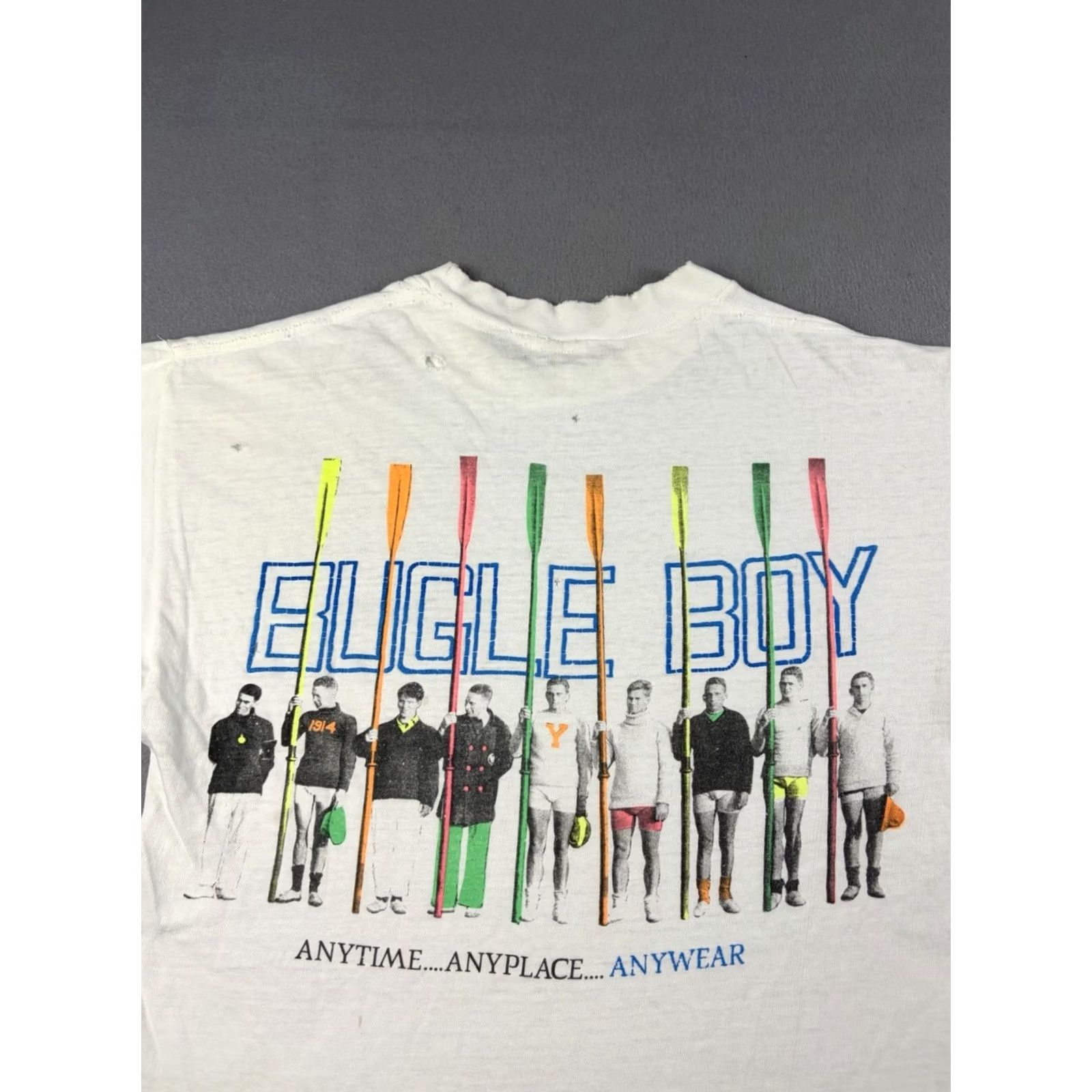 Bugle Boy VINTAGE Bugle Boy T Shirt Adult Large White Distressed Rowing USA 80s Mens Size US L / EU 52-54 / 3 - 7 Thumbnail