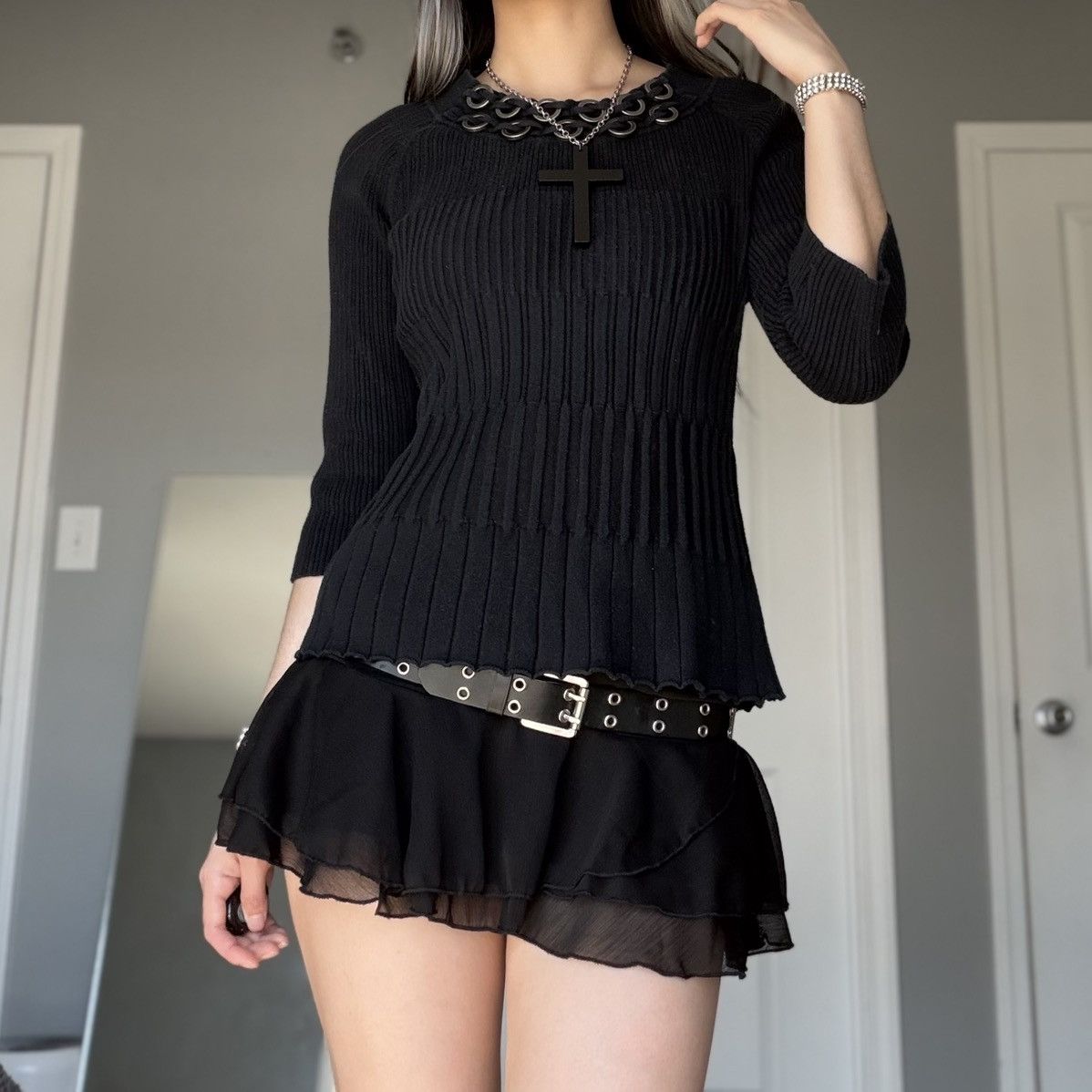 Other Black Ribbed Grommet Studded Scoop Neck 3/4 Sleeve Sweater Size M / US 6-8 / IT 42-44 - 10 Thumbnail