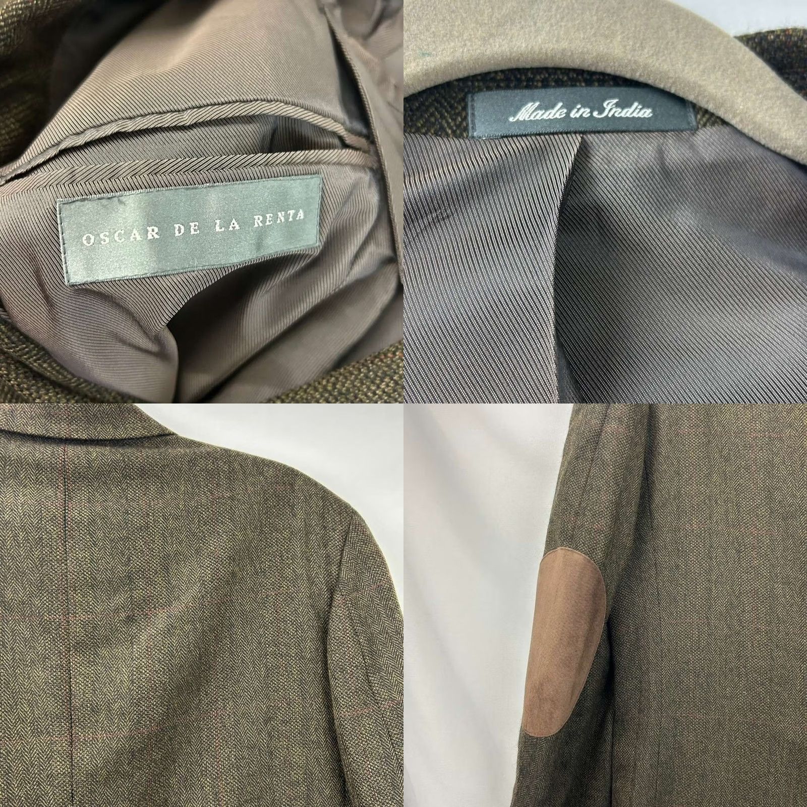 Oscar De La Renta VINTAGE Oscar de la Renta Blazer Jacket Men 40L Brown 100% Lambswool Tweed Herringbone Suede Elbows Size 40R - 8 Thumbnail