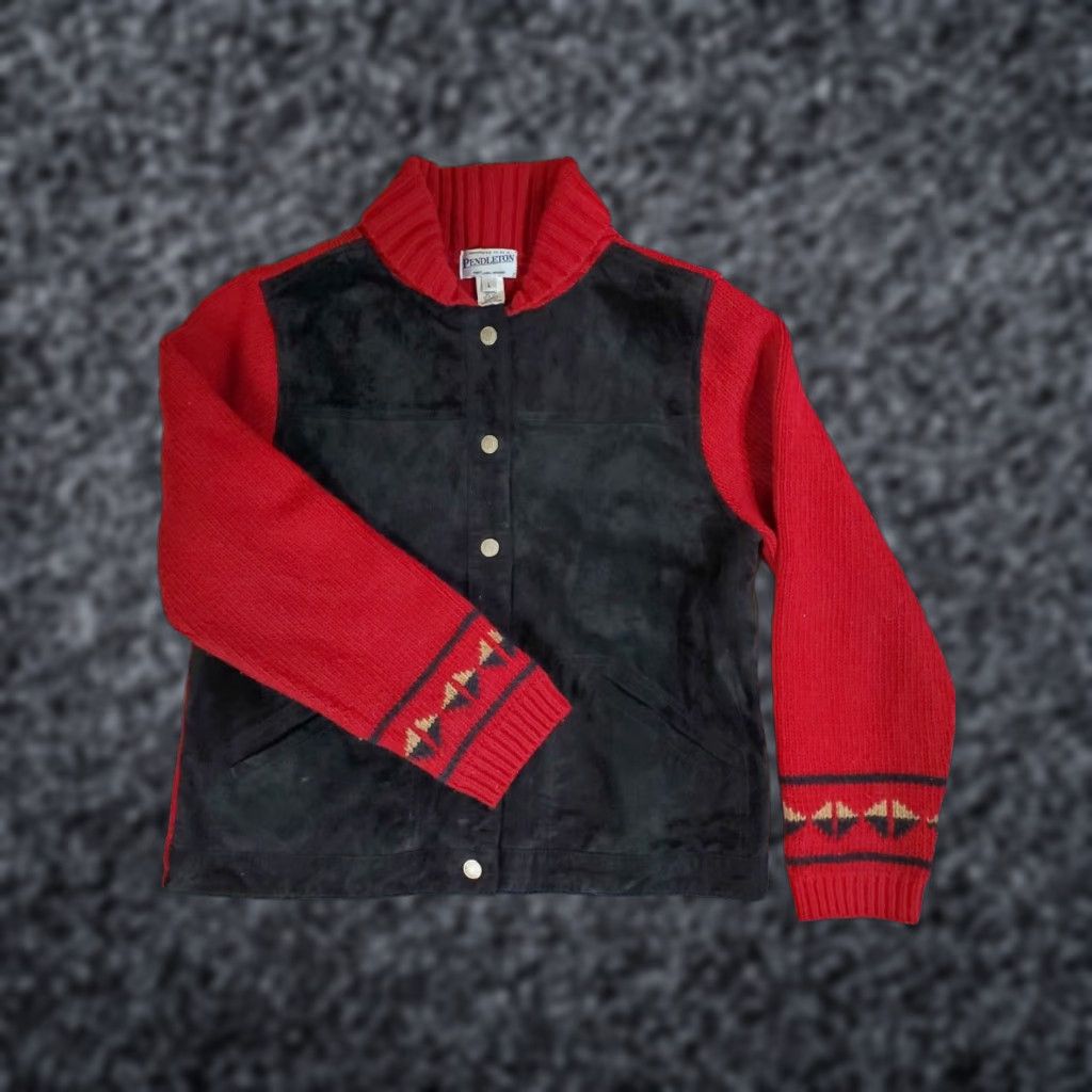 Pendleton VINTAGE Pendleton Jacket Aztec Wool Knit Red Black Suede Snap Front Sz L Women Size L / US 10 / IT 46 - 1 Thumbnail
