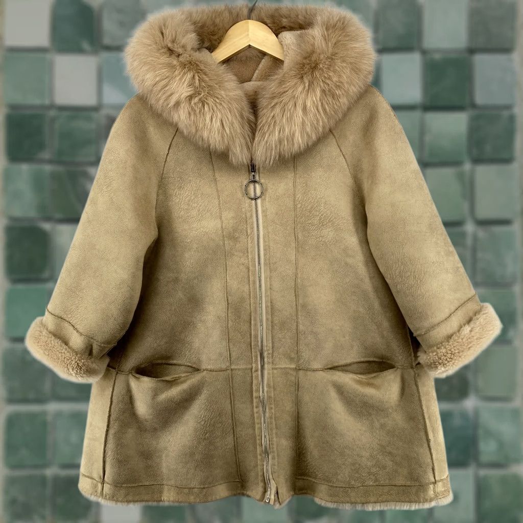 Vintage La Fiorentina Coat Womens S Beige Reversible Hooded Dyed Fox Fur Shearling Jacket 3/4 Sleeve Full Zip Size S / US 4 / IT 40 - 1 Thumbnail