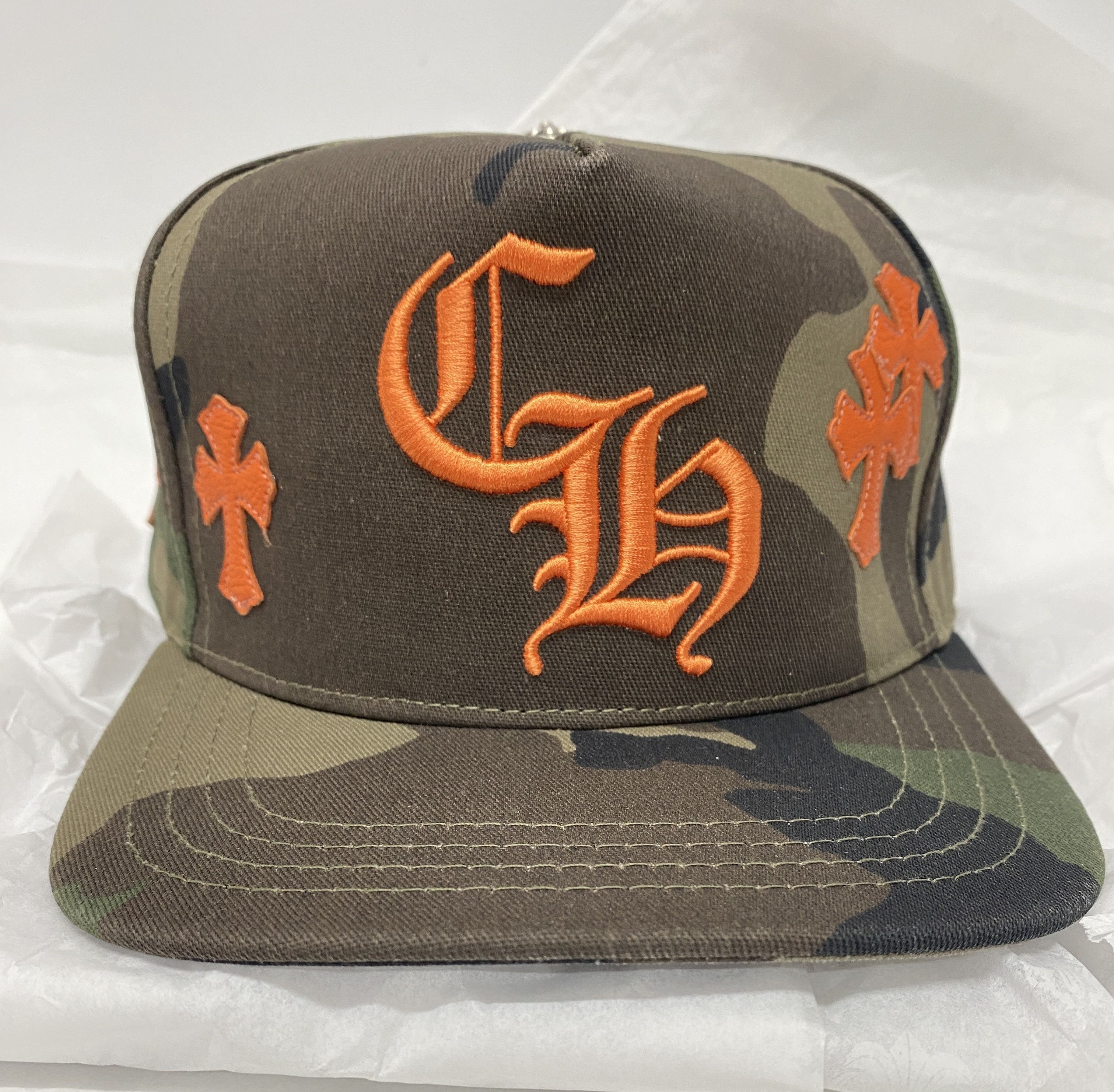 image of Chrome Hearts Leather Cross Patch Hat in Camo/Orange, Men's