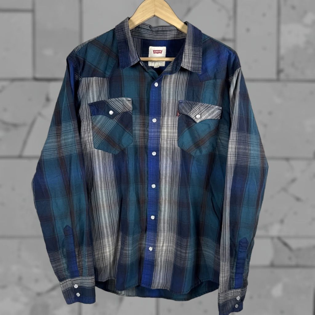 Levi's Levis Strauss Co Blue Plaid Snap Button Shirt Mens Size L Size US L / EU 52-54 / 3 - 1 Thumbnail