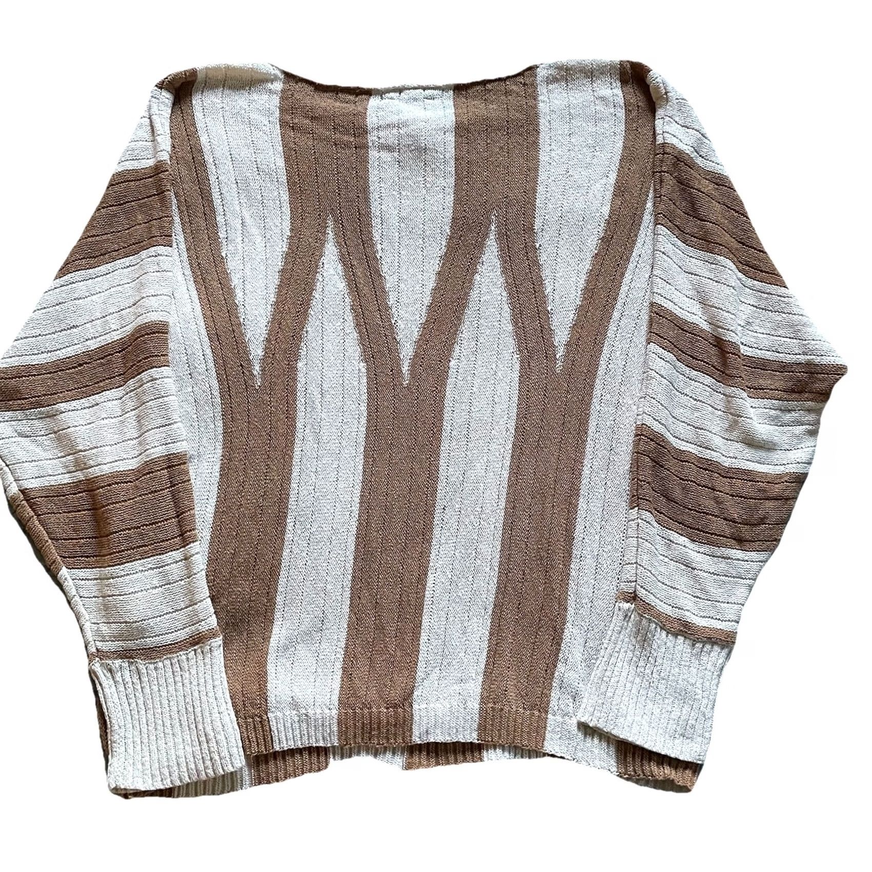 Vintage Chico’s Sweater XL Open-Knit Pullover Top Cream Brown Tan Stripe Rib Knit Sleeve 3/4 Women Pullover Knit Open-Knit Striped Cardigan? Size XL / US 12-14 / IT 48-50 - 3 Thumbnail