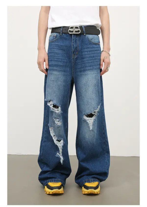 Japanese Brand Fukada x Hada Men's retro washed loose straight ripped jeans Size US 32 / EU 48 - 7 Thumbnail