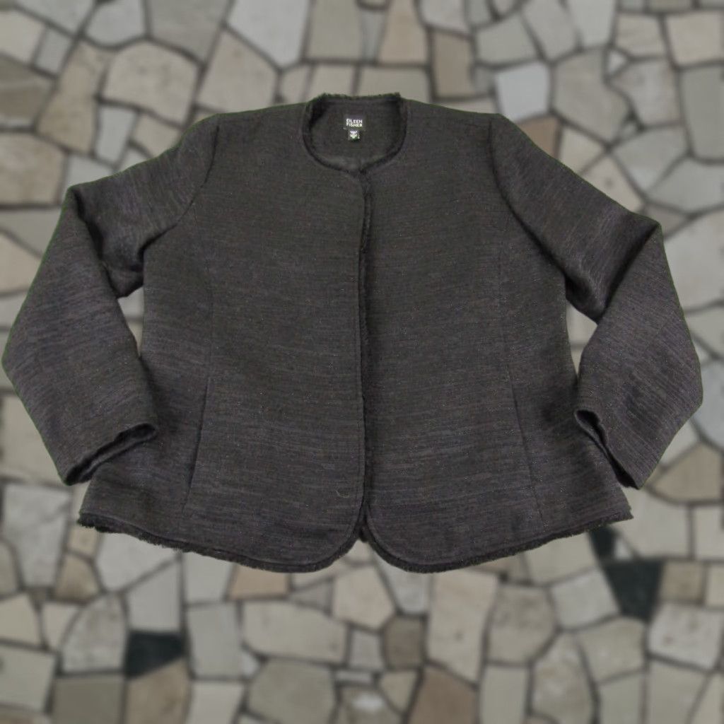 Eileen Fisher VINTAGE Eileen Fisher Jacket Womens Medium Black Open Front Blazer Coat Textured Fringe Size M / US 6-8 / IT 42-44 - 1 Thumbnail