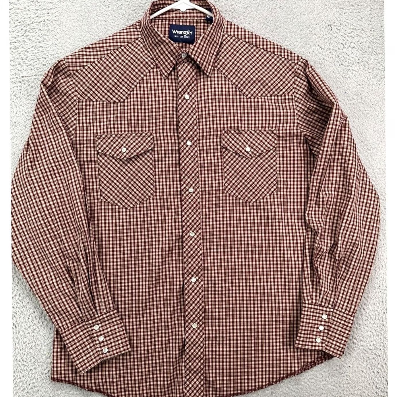 Wrangler Wrangler Western Shirt Mens Large Red Tan Plaid Pearl Snap 2-Flap Pockets EUC Size US L / EU 52-54 / 3 - 2 Thumbnail