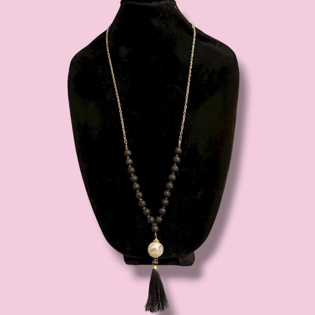 Other Long gold lava bead marble stone & tassel pendant necklace Size ONE SIZE - 1 Thumbnail