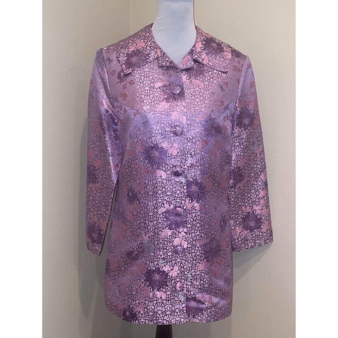 Designer Vintage Style Pink Magenta Floral Brocade Satin Jacket RARE Size L / US 10 / IT 46 - 7 Thumbnail