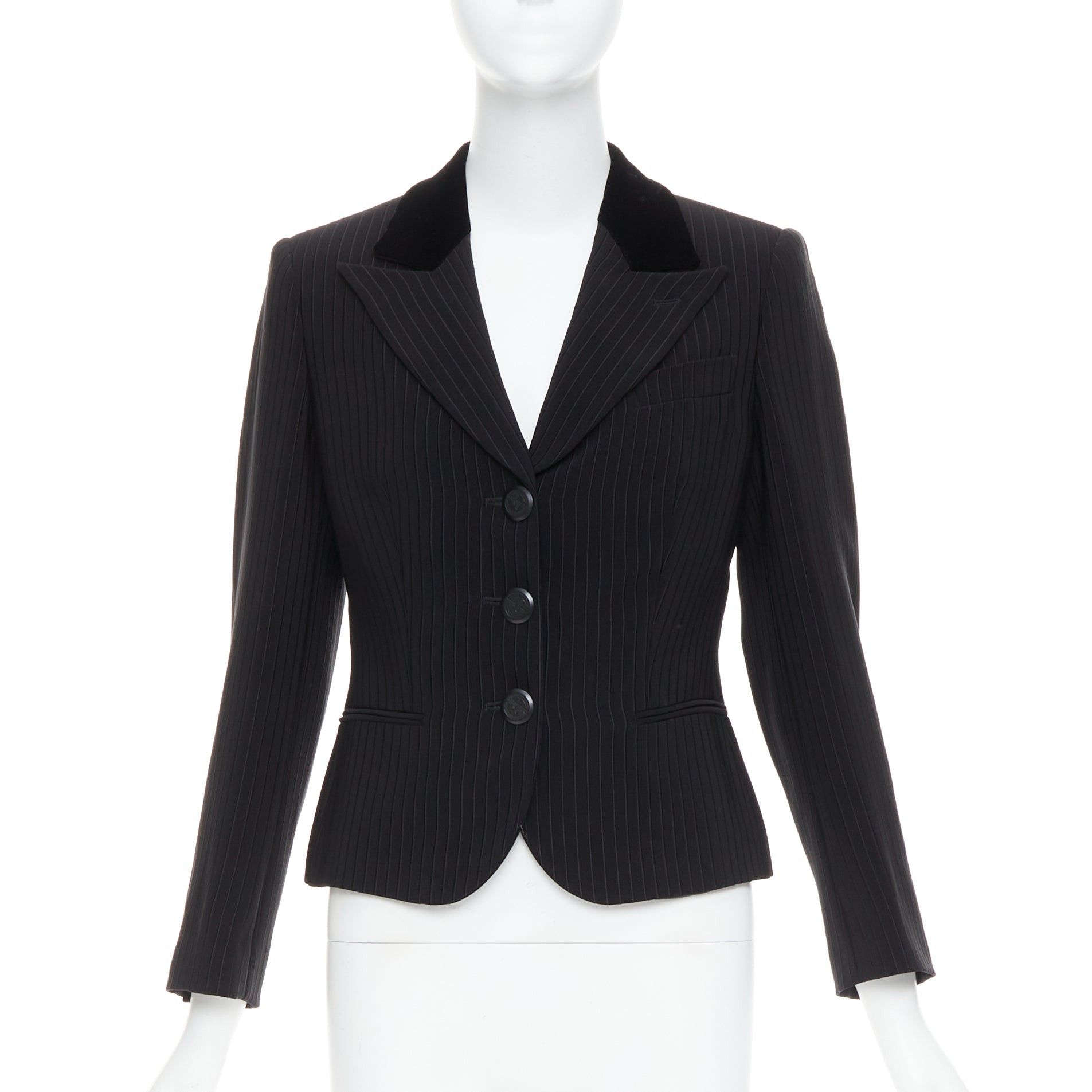 Giorgio Armani GIORGIO ARMANI black pinstripe velvet trim cropped tuxedo blazer IT40 S Size S / US 4 / IT 40 - 1 Thumbnail