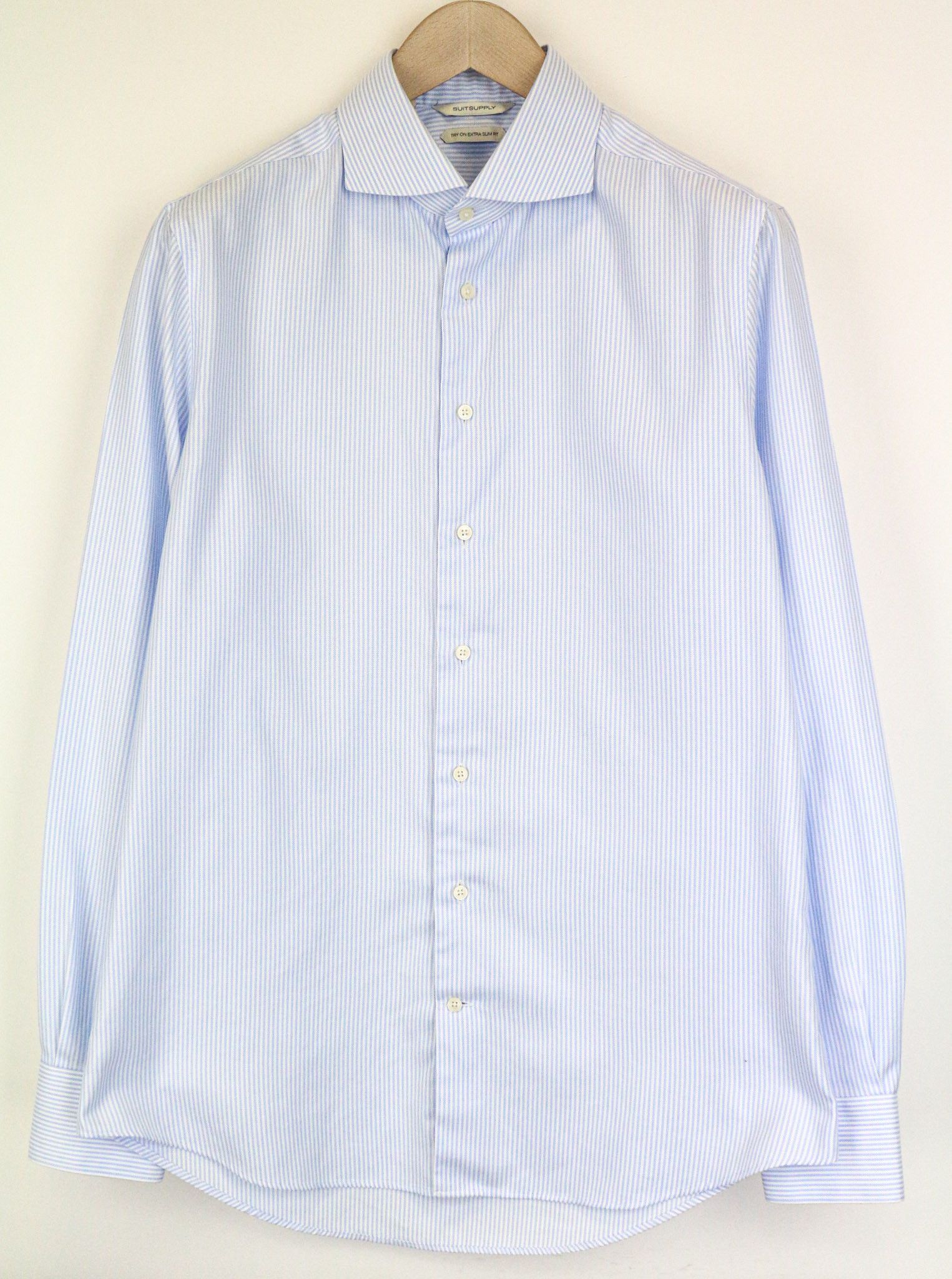 Suitsupply 42/16 1/2 Blue Extra Slim Cotton Stripe Shirt 75745 Size US L / EU 52-54 / 3 - 1 Thumbnail