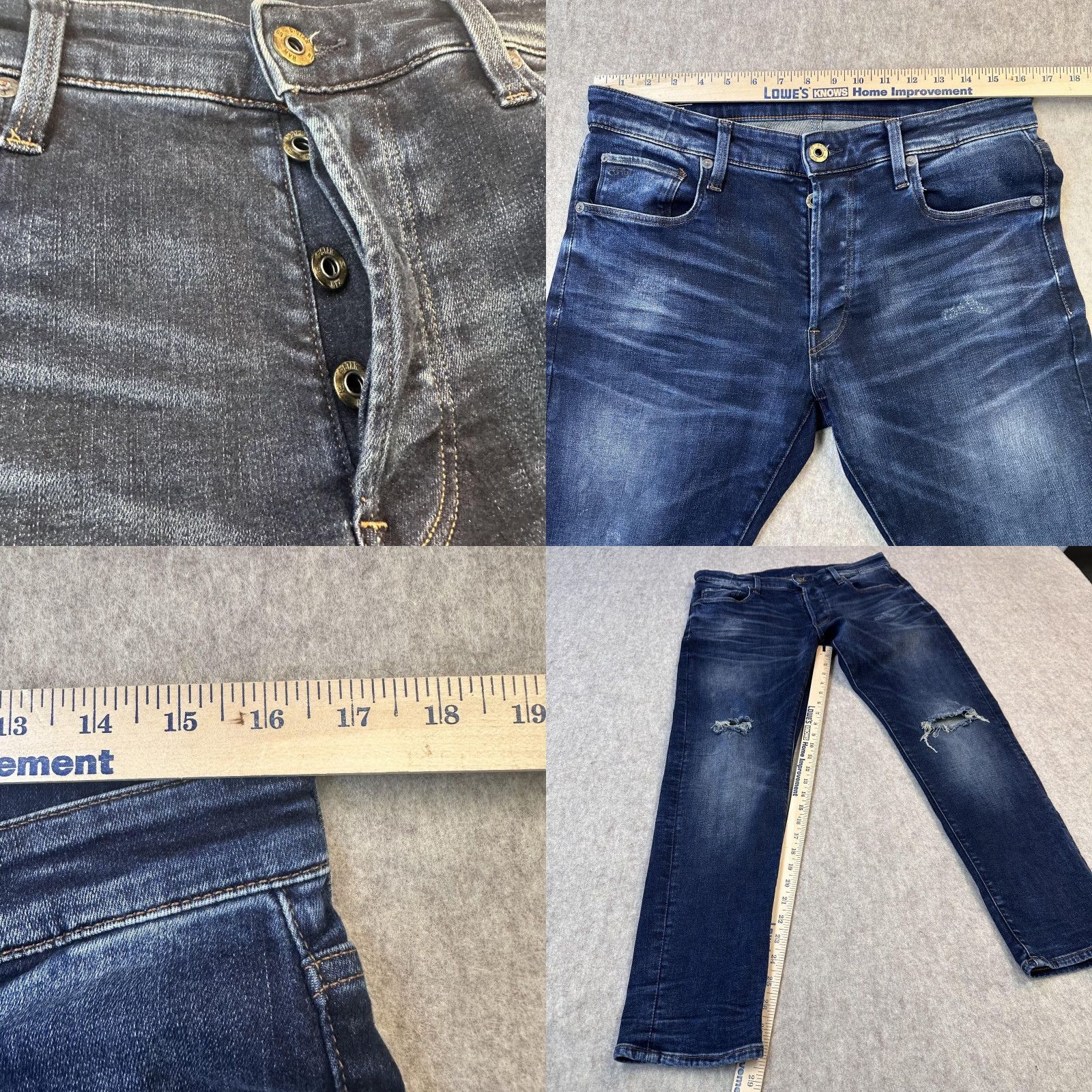 Vintage G-Star RAW 3301 Slim Jeans Mens 32x28.5 Blue Distressed Ripped Button Fly Denim Size US 32 / EU 48 - 8 Thumbnail