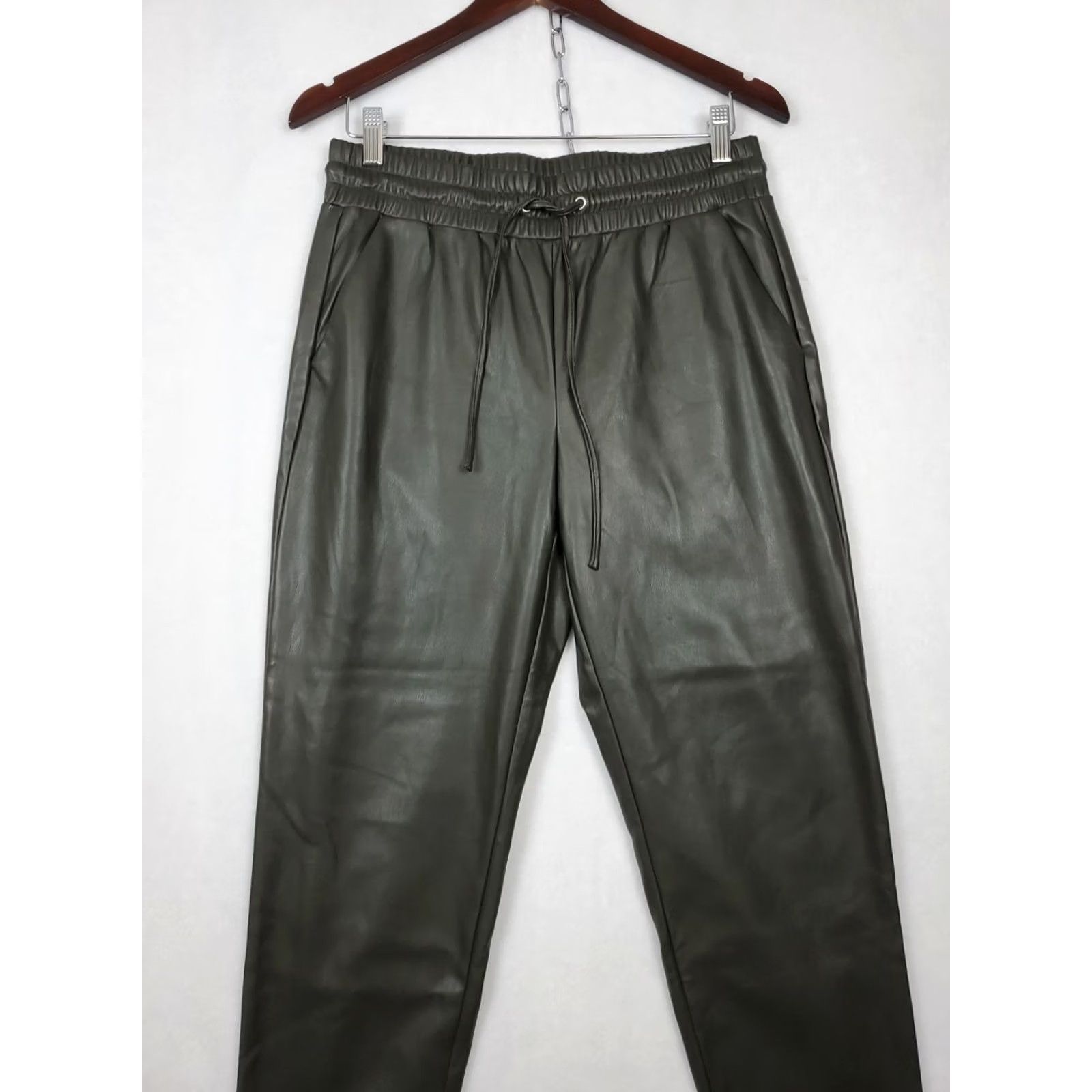 Loft VINTAGELOFT Olive Green Faux Leather Cropped Pants Elastic Drawstring Waist Size MP Size 32" / US 10 / IT 46 - 2 Thumbnail