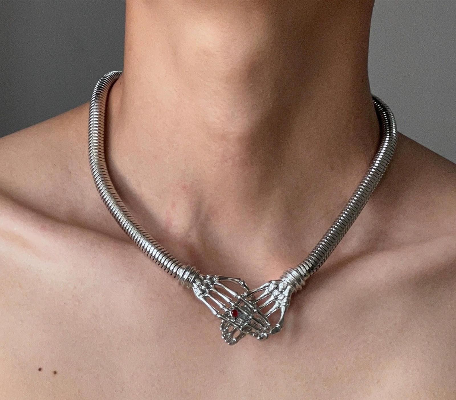 Jewelry Silver Skeleton Hands Choker Necklace, Mens Jewelry Size ONE SIZE - 1 Thumbnail