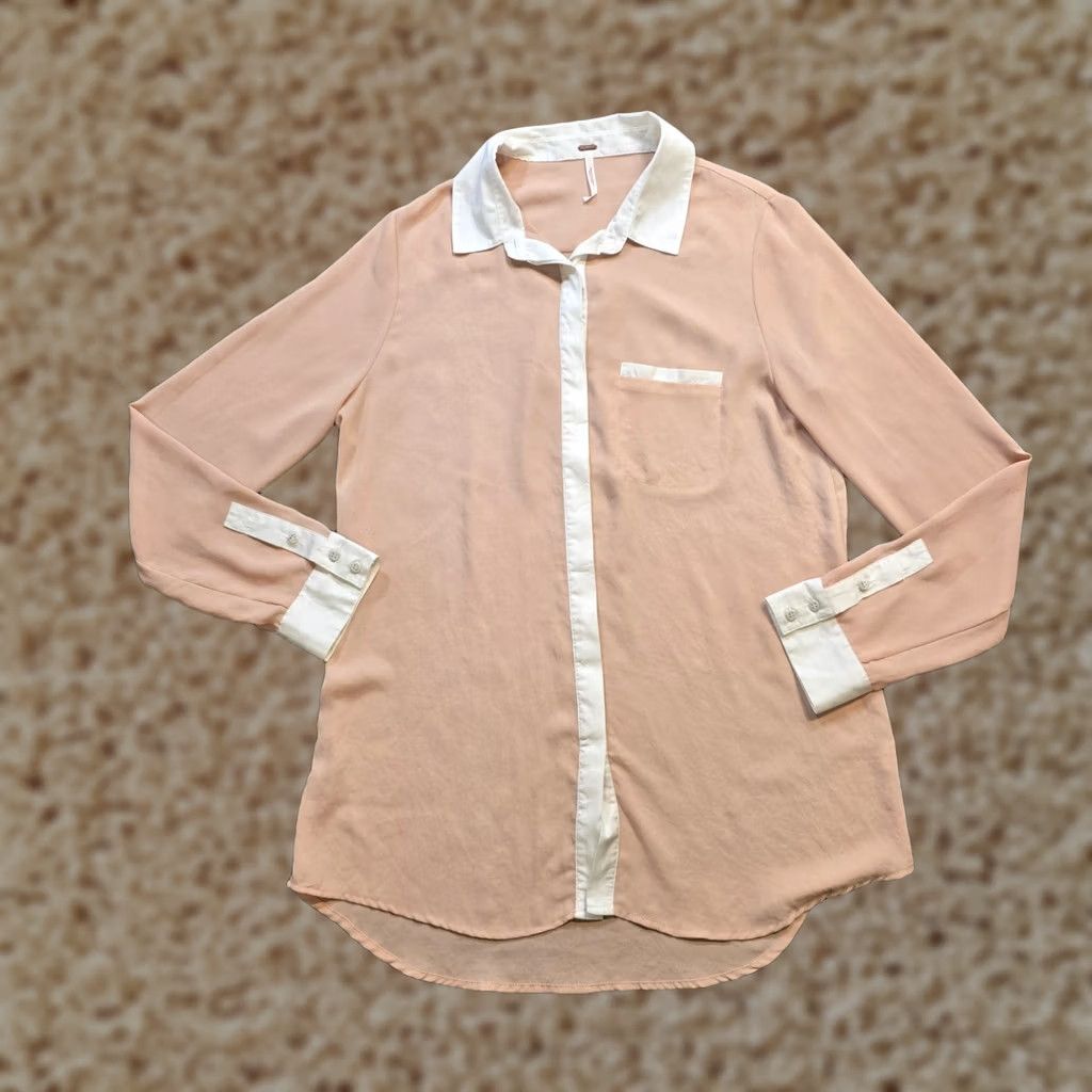 Free People Free People Top Womens Size Small Beige Two Tone Button Sheer Oversized Casual Shirt Size S / US 4 / IT 40 - 1 Thumbnail