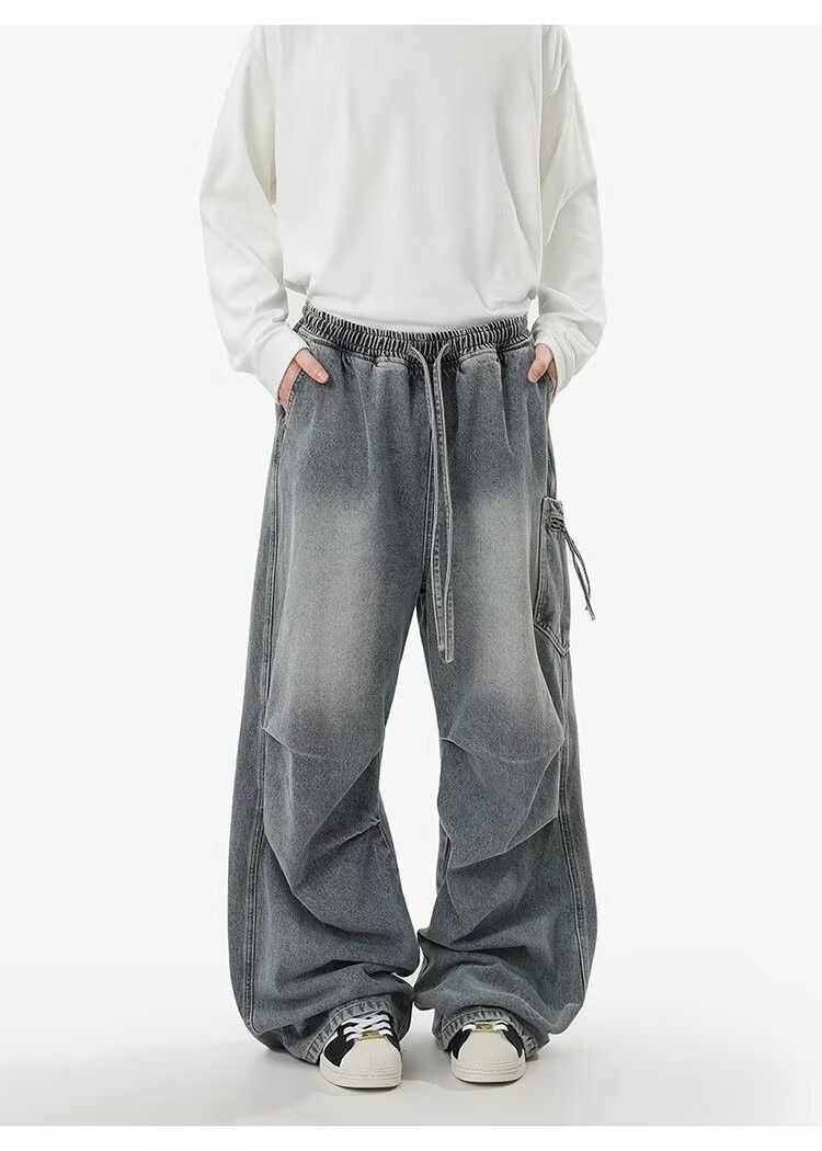 American retro pocket loose washed wide-leg cargo jeans