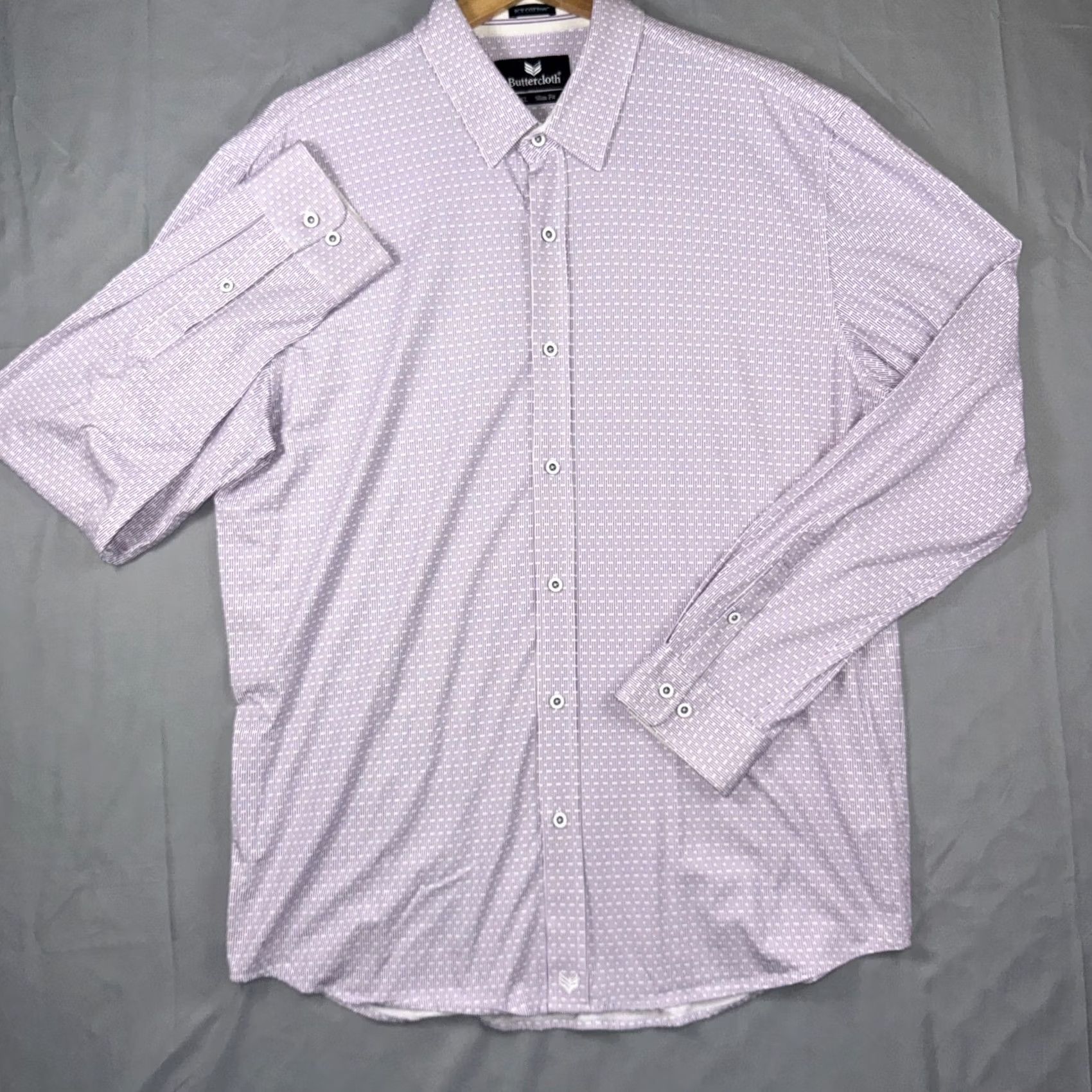 Vintage Buttercloth Shirt Mens 2XL Purple Geometric Slim Fit Stretch Dress Long Sleeve Size 48R - 2 Thumbnail