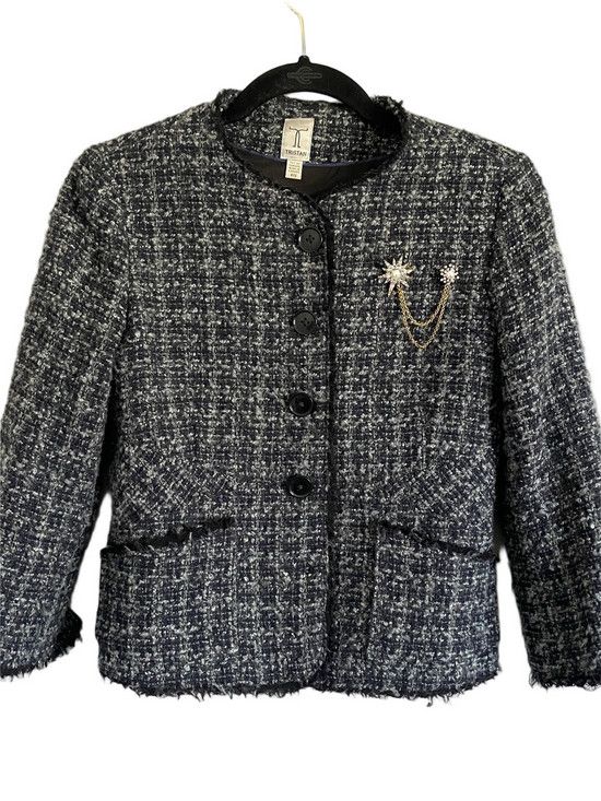 Vintage Navy Blue Gray Tweed Cropped Wool Blend Lady Blazer 🇨🇦 Size S / US 4 / IT 40 - 13 Thumbnail