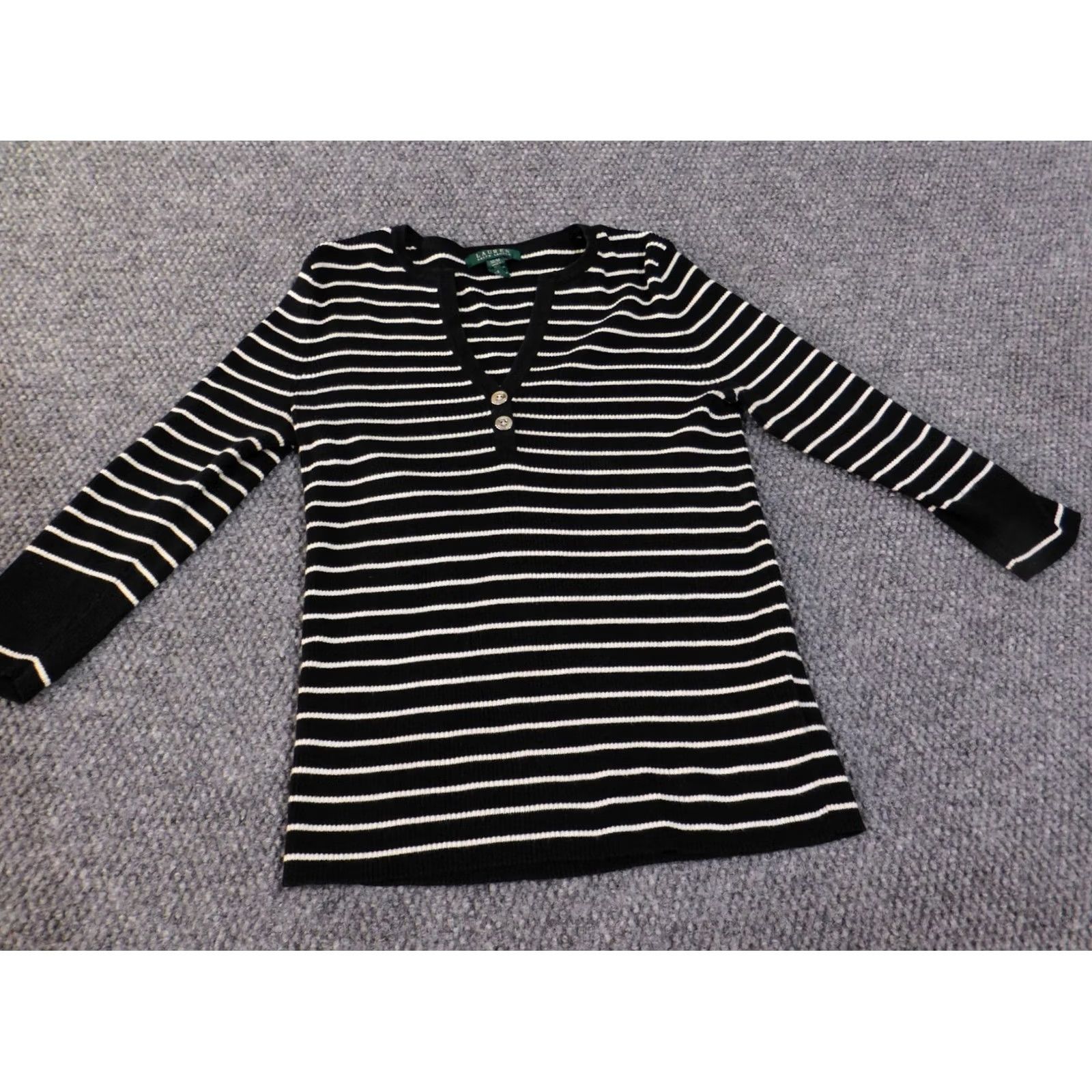 Ralph Lauren Lauren Ralph Lauren Sweater Women Medium V-Neck Striped Knit Black Button Logo Pullover Ballet Size M / US 6-8 / IT 42-44 - 4 Thumbnail