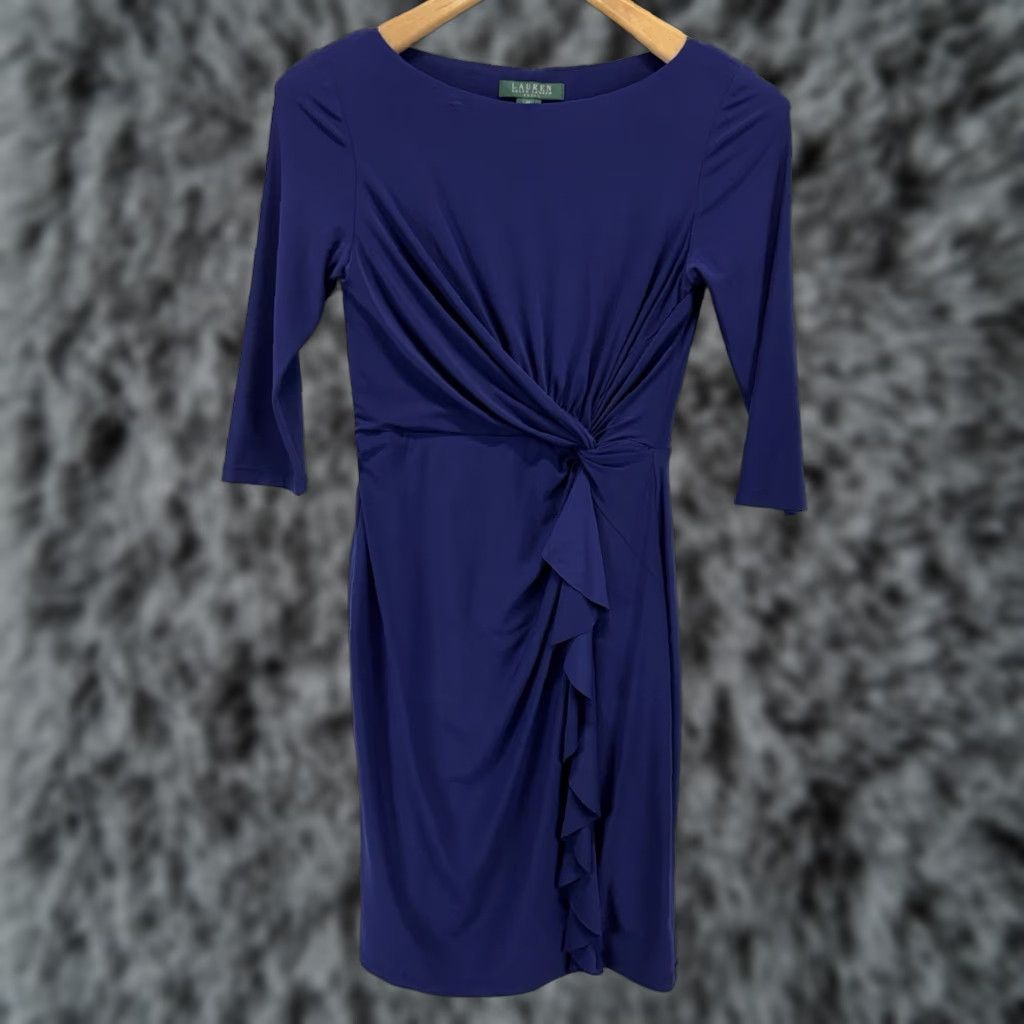 Ralph Lauren Lauren Ralph Lauren Twist Front Jersey Dress Women’s 2P Petite Blue 3/4 Sleeve Knee Length Sheath Womens Size XS / US 0-2 / IT 36-38 - 1 Thumbnail