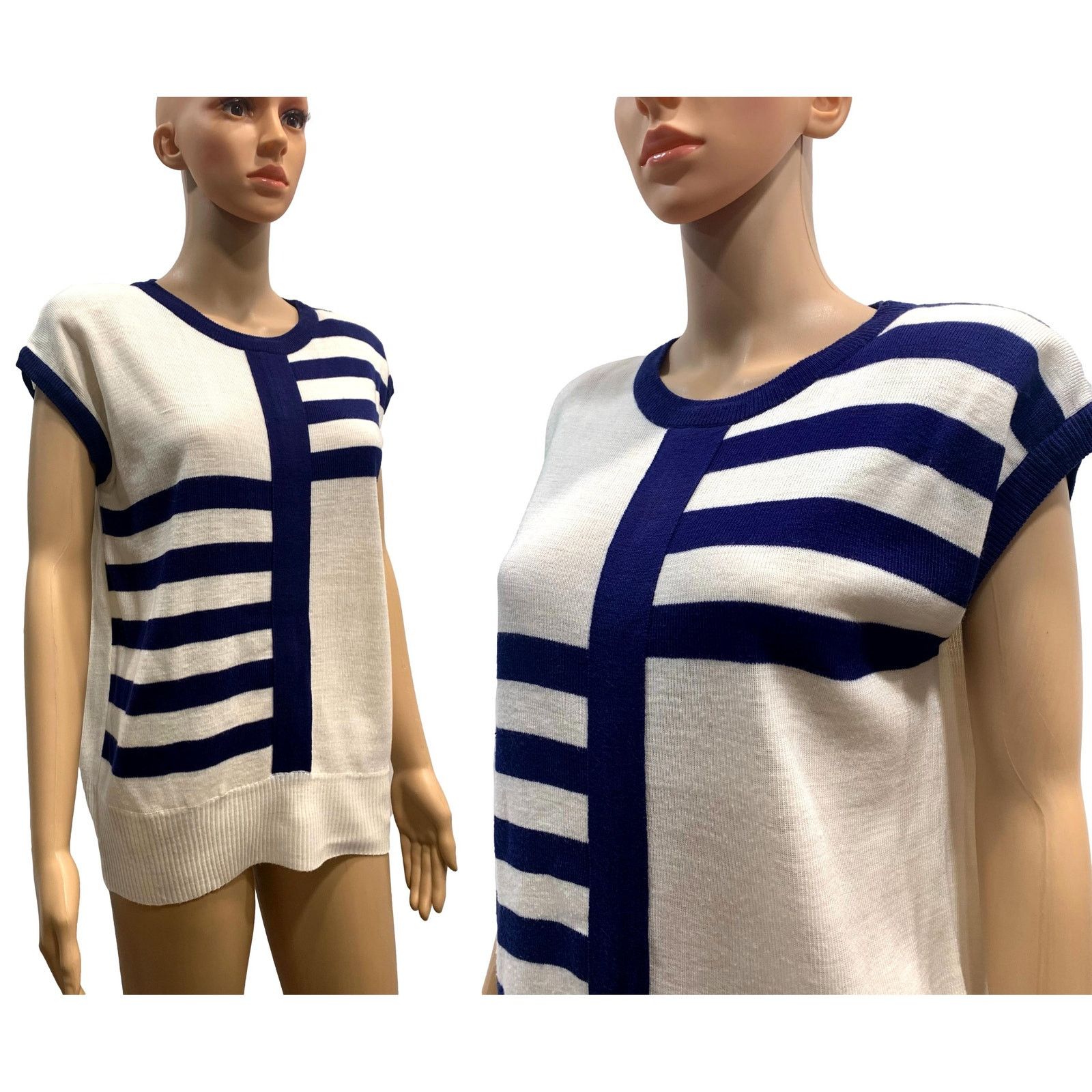 Vintage 80s Chic White & Navy Blue Sleeveless Sweater Vest Tunic | S Size S / US 4 / IT 40 - 4 Thumbnail