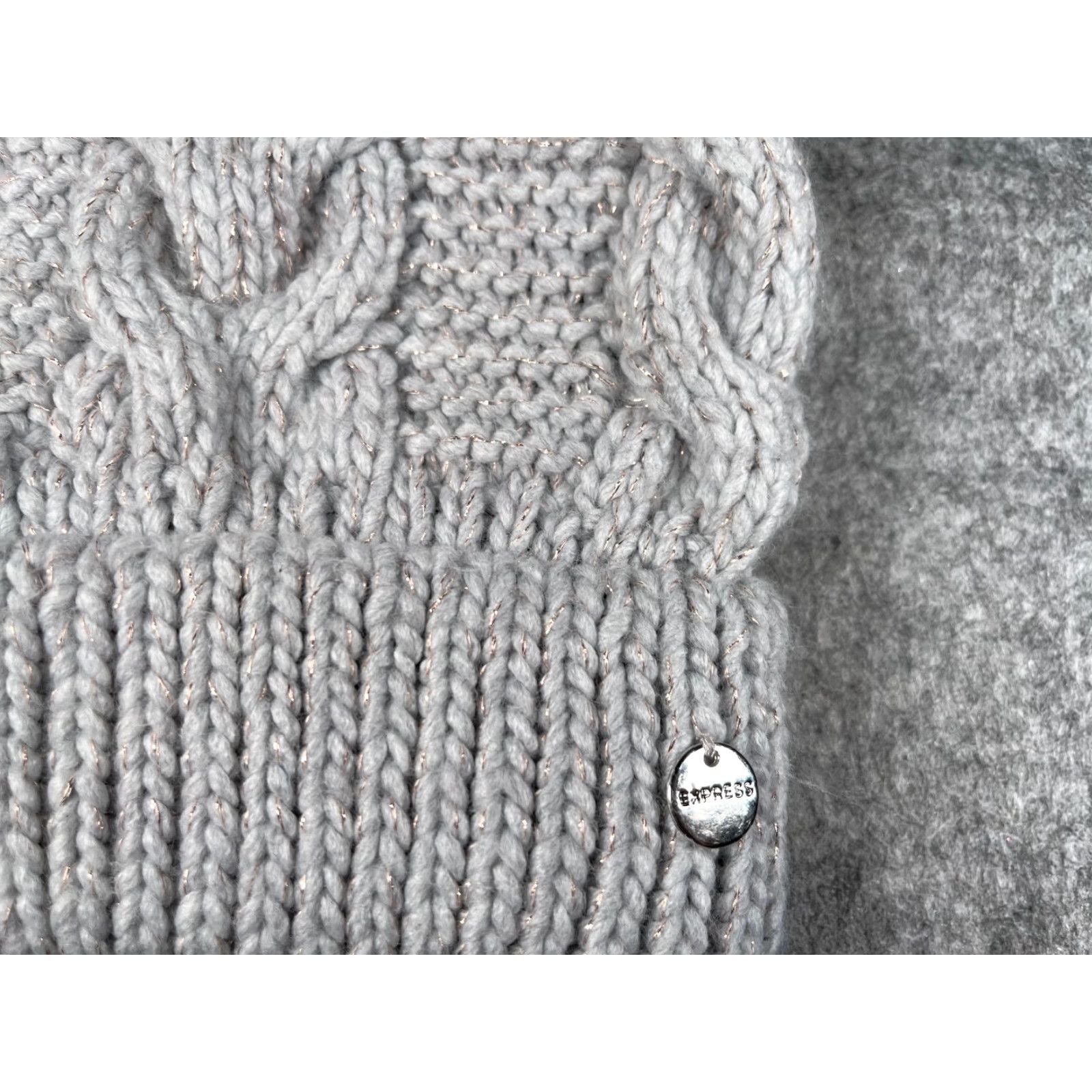 Express Express Beanie Toque Womens One Size Gray Knit Acrylic Blend Sparkly Ski Pom Beanie Winter Outdoor Hats Mens Womens Size ONE SIZE - 2 Thumbnail