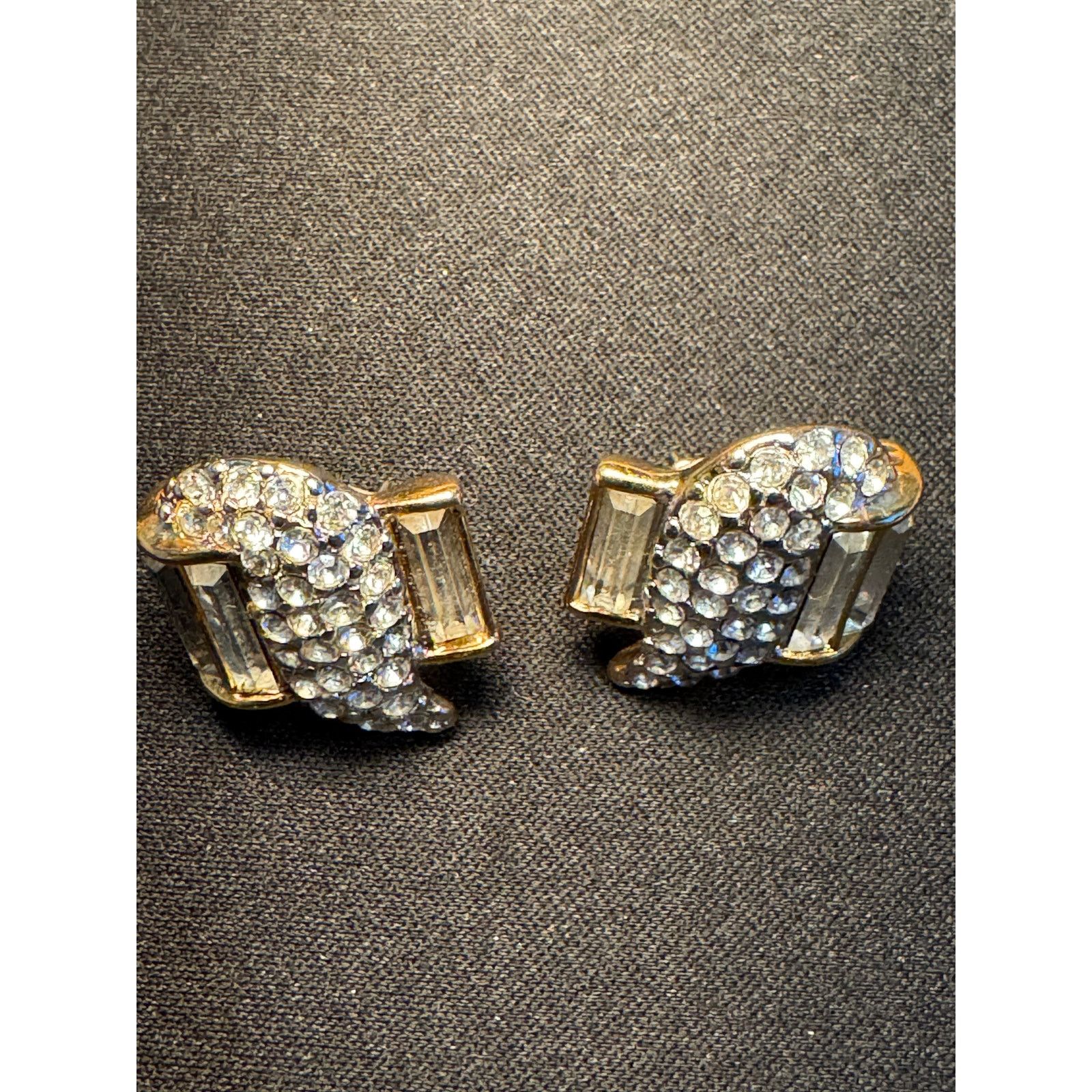 Monet Vintage Monet Gold Tone Earrings Baquette & Round Rhinestone Size ONE SIZE - 3 Thumbnail