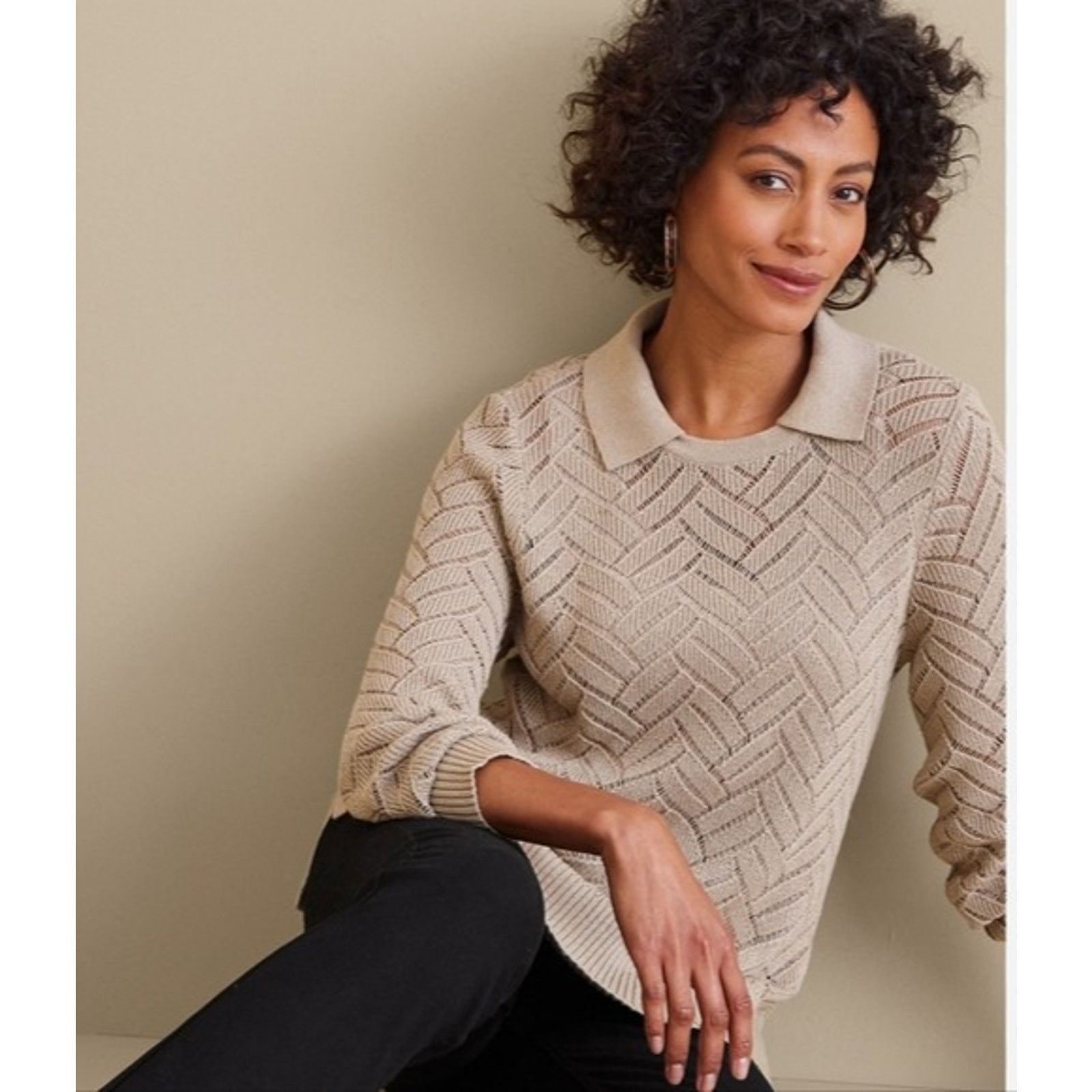 Soft Surroundings NWoT SOFT SURROUNDINGS Beige Gold Collared Sweater Sz L $99 Size L / US 10 / IT 46 - 3 Thumbnail