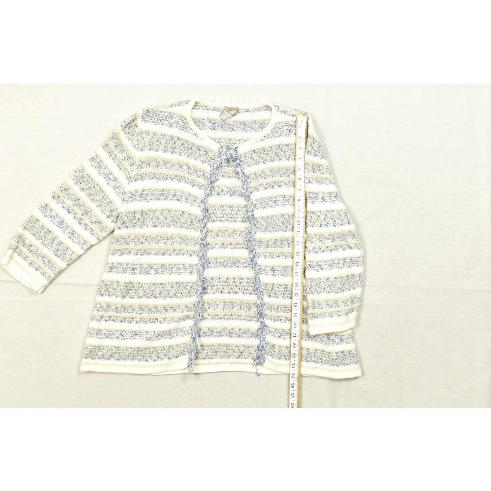 Vintage Chico's Cardigan Women Open Front Fringe Trim Striped Knit Blue Cream Size 3 Sweater - Regular Fit, Crew Neck, Long Sleeve Size XS / US 0-2 / IT 36-38 - 5 Thumbnail