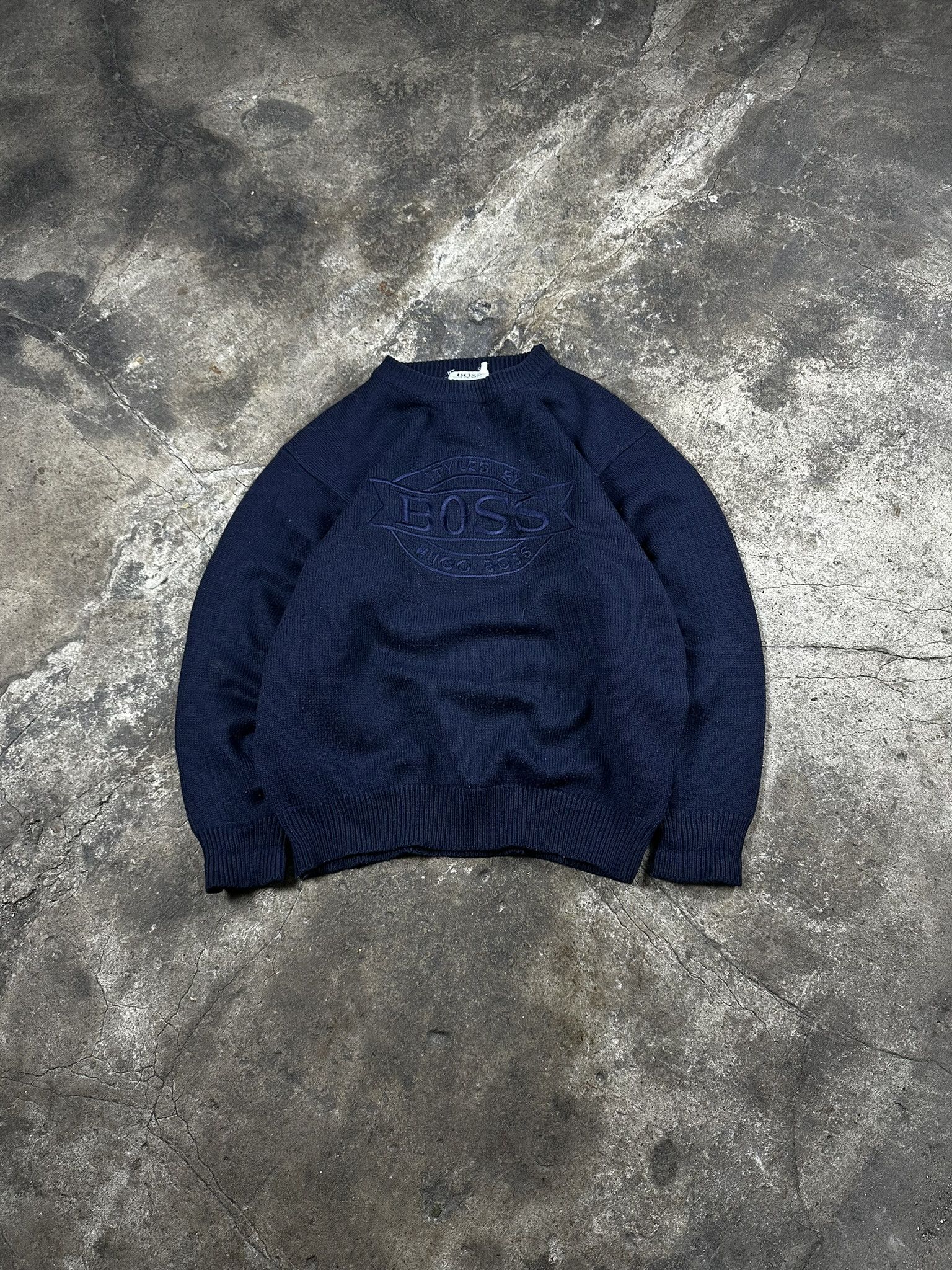 80s Vintage Hugo Boss Cotton Knit Sweater Navy