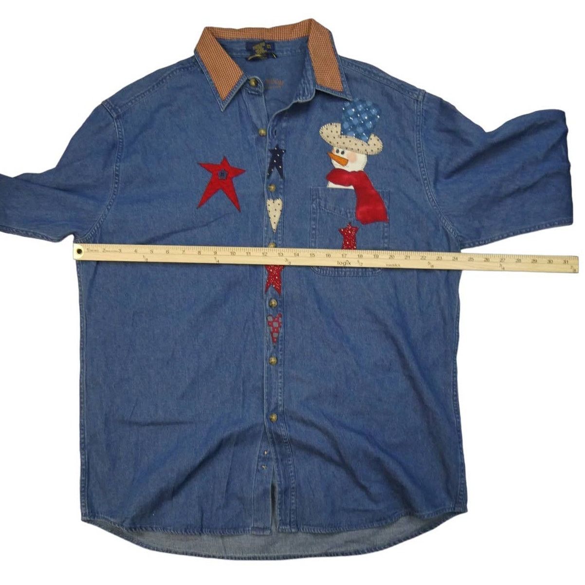 Club Room handmade Christmas Holiday button front denim shirt, Large Size L / US 10 / IT 46 - 2 Thumbnail