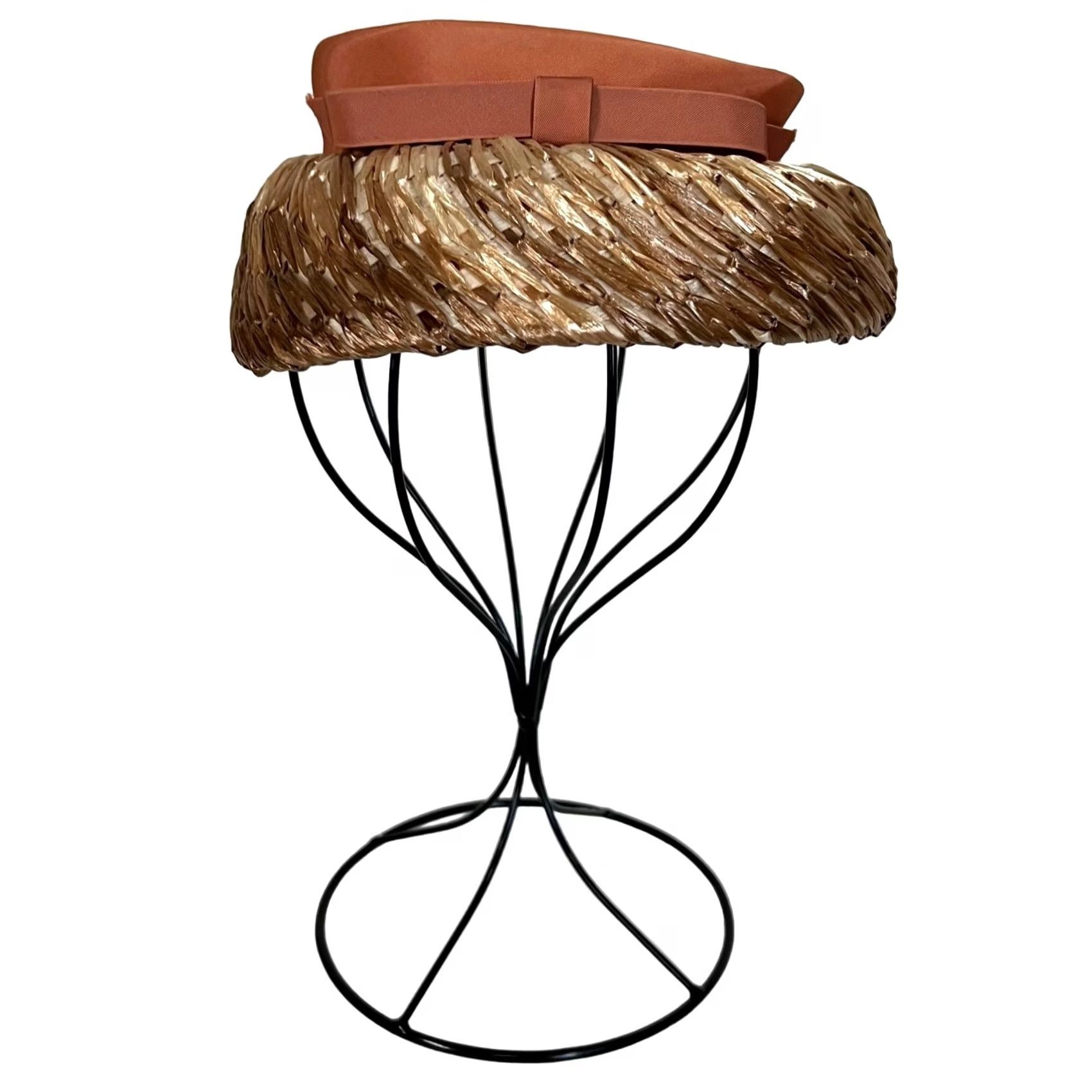 Vintage VINTAGE 50s Women’s Straw Pillbox Hat Fascinator Tan Satin Ribbon Hat One Size Women Size ONE SIZE - 5 Thumbnail